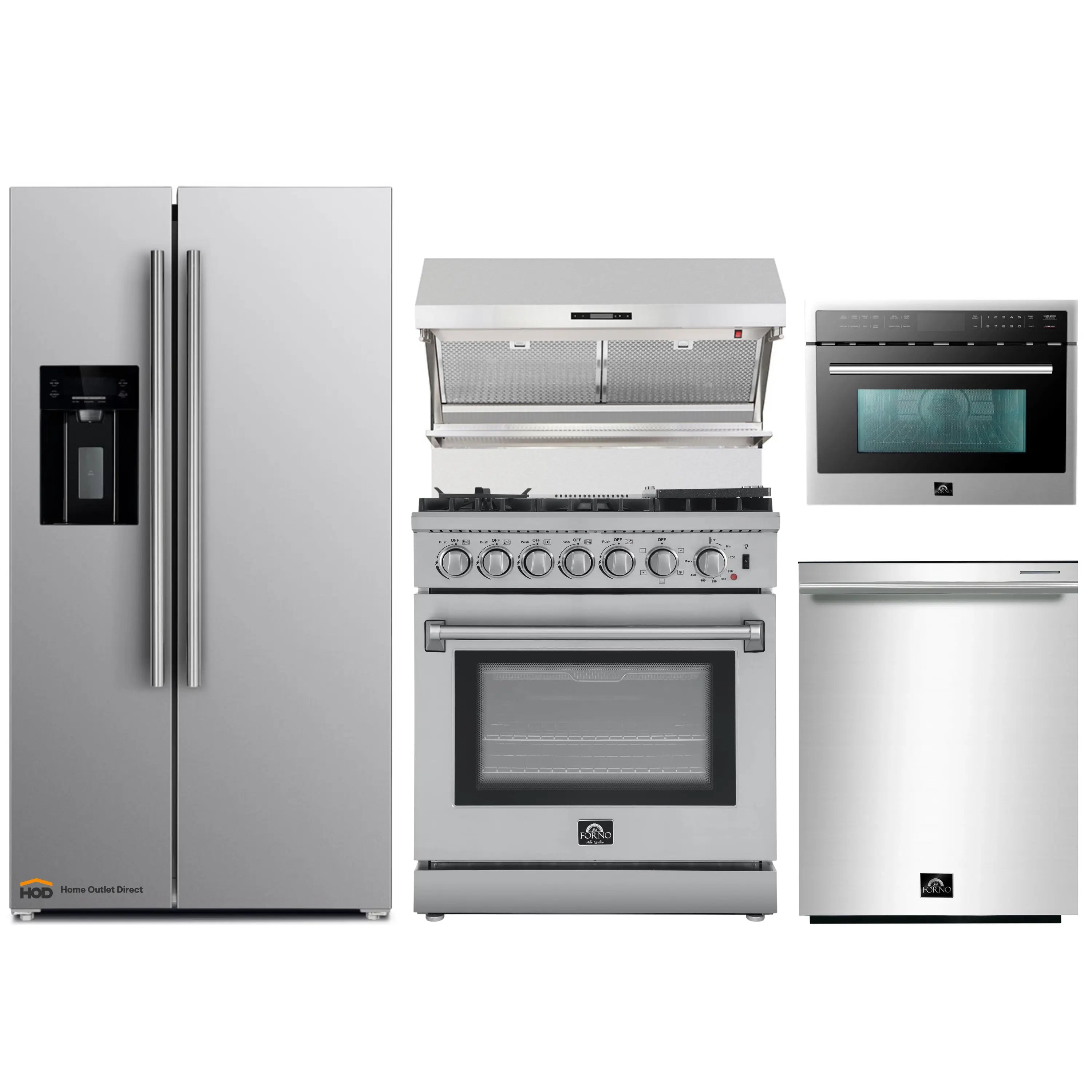 Stainless steel appliance package with refrigerator, range, and built-in microwave