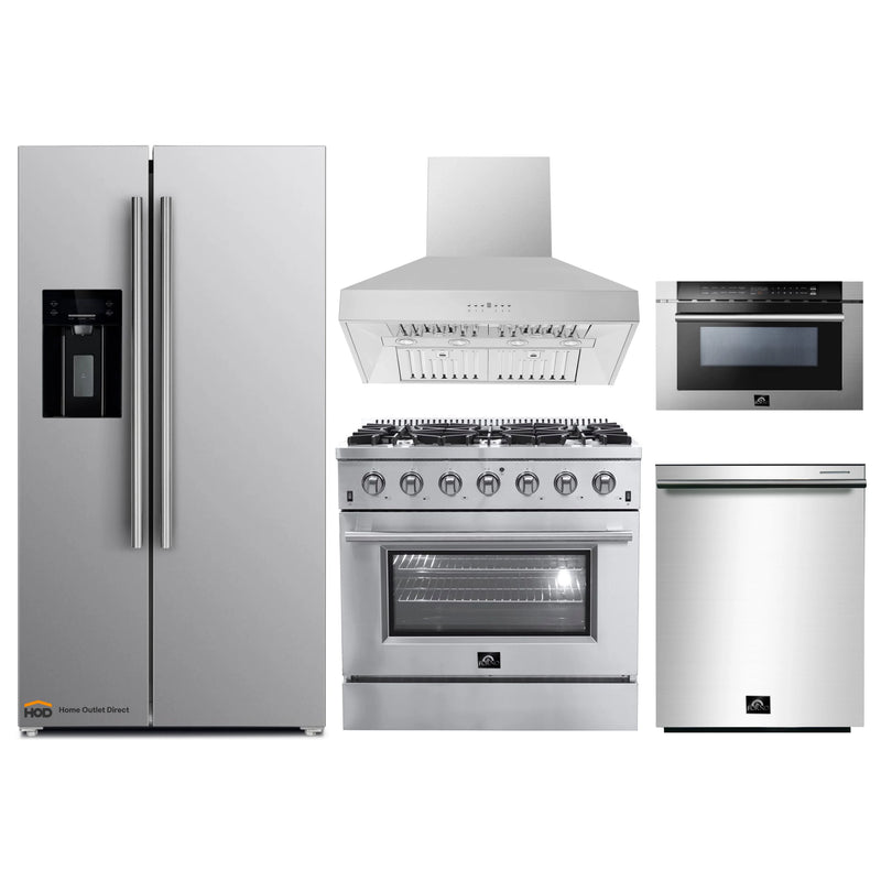 Forno 5-Piece Appliance Package - 36-Inch Gas Range, Refrigerator with Water Dispenser, Wall Mount Hood, Microwave Drawer, & 3-Rack Dishwasher in Stainless Steel