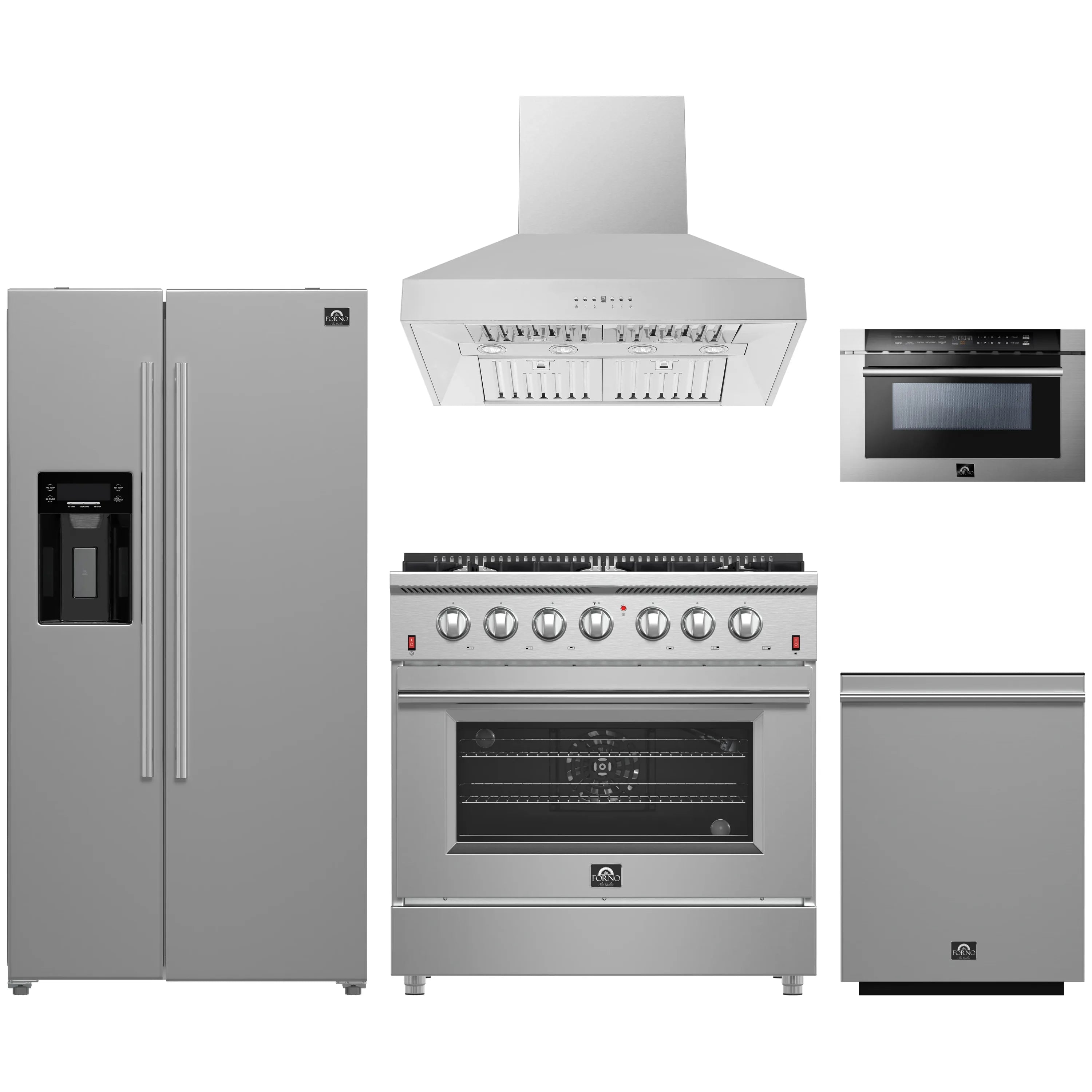 Forno 5-Piece Appliance Package - 36-Inch Gas Range, Refrigerator with Water Dispenser, Wall Mount Hood, 24-Inch Microwave Drawer, & 3-Rack Dishwasher in Stainless Steel