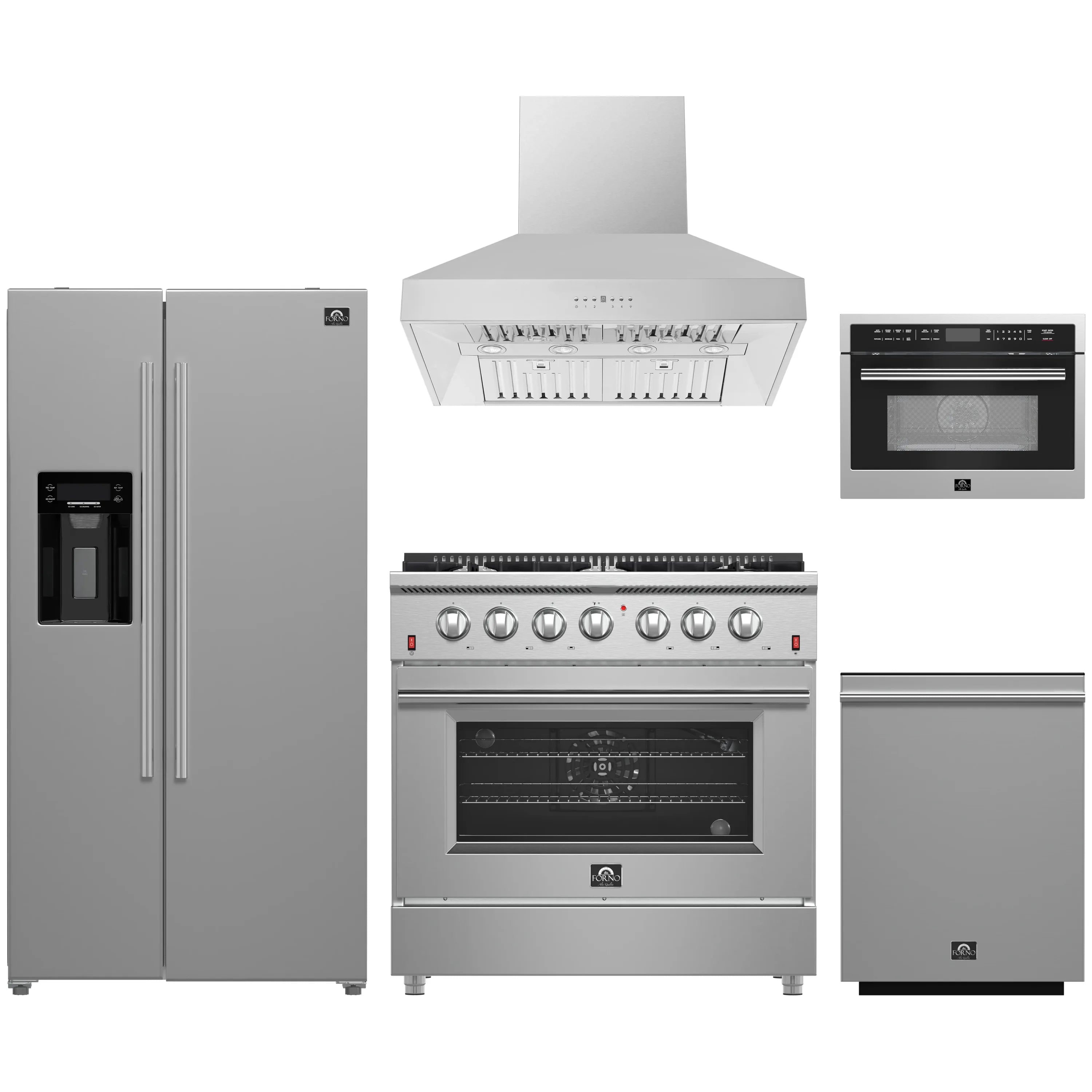 Stainless steel five-piece appliance package: fridge, hood, microwave, range, dishwasher
