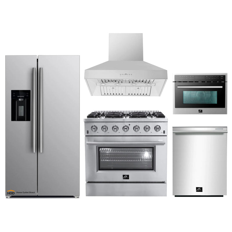 Forno 5-Piece Appliance Package - 36-Inch Gas Range, Refrigerator with Water Dispenser, Wall Mount Hood, Microwave Oven, & 3-Rack Dishwasher in Stainless Steel
