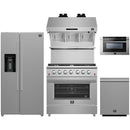 Forno 5-Piece Appliance Package - 36-Inch Gas Range, Refrigerator with Water Dispenser, Wall Mount Hood with Backsplash, 24-Inch Microwave Drawer, & 3-Rack Dishwasher in Stainless Steel