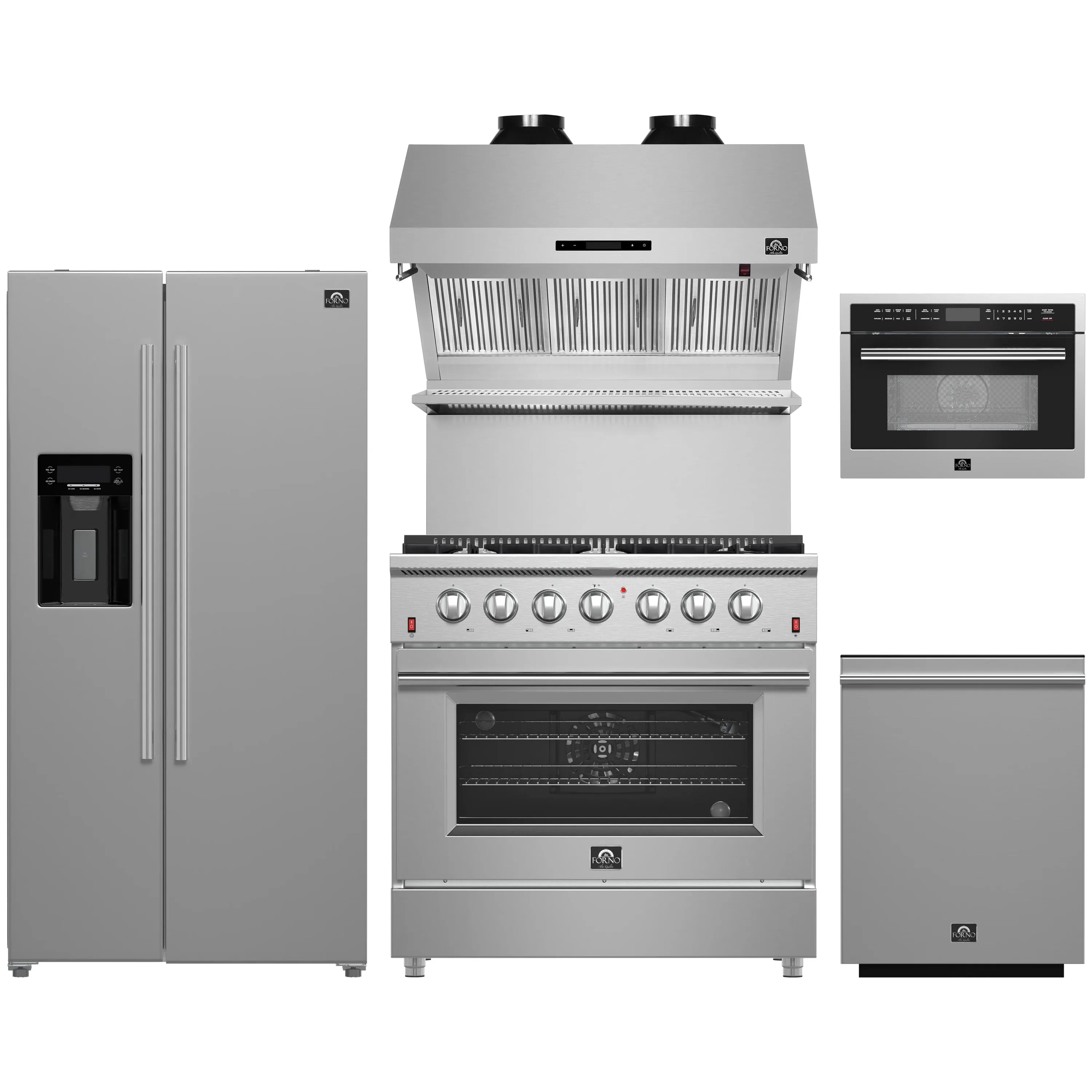 Stainless steel appliance set with range hood, gas range, microwave, and refrigerator