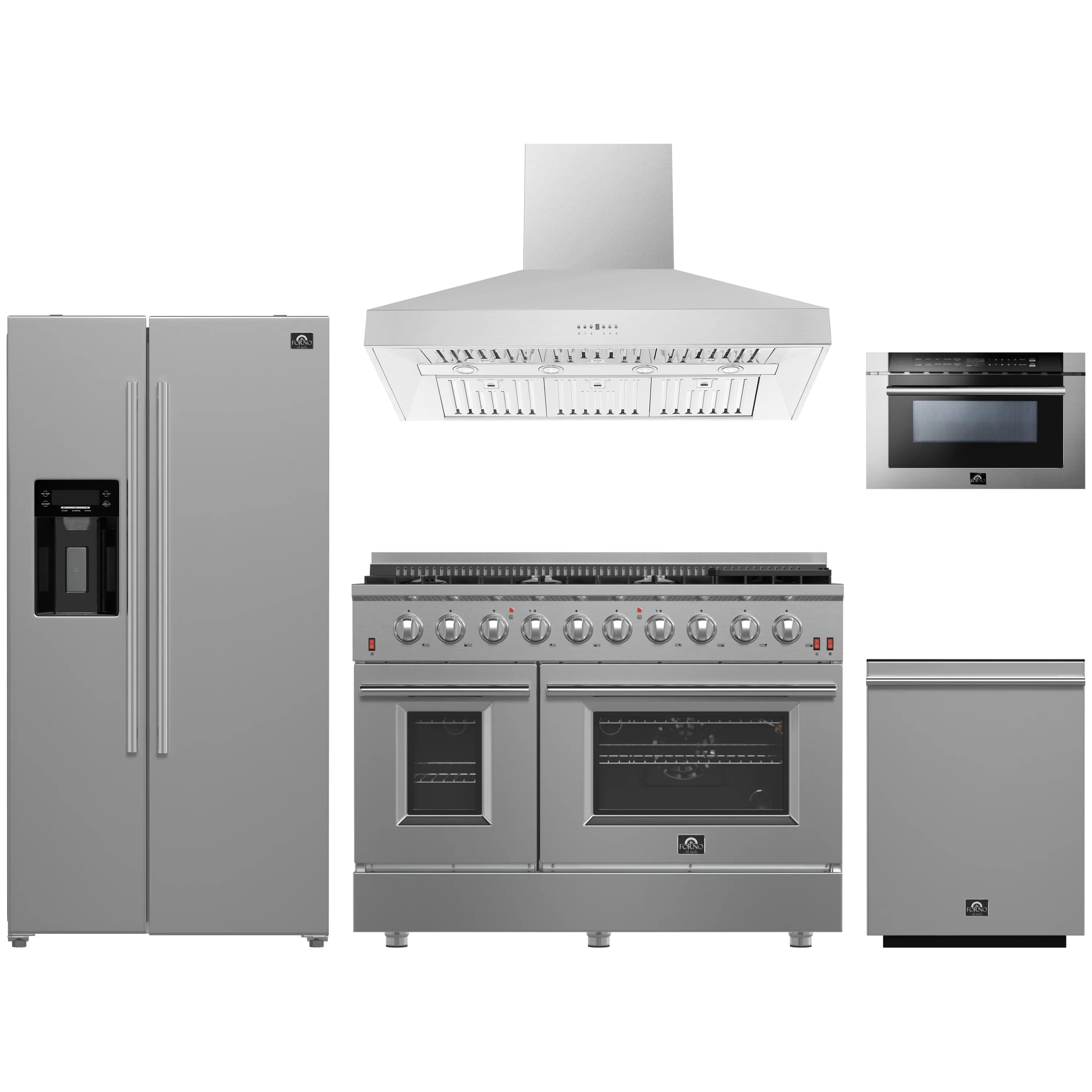 Stainless steel appliance bundle with gas range, range hood, and refrigerator