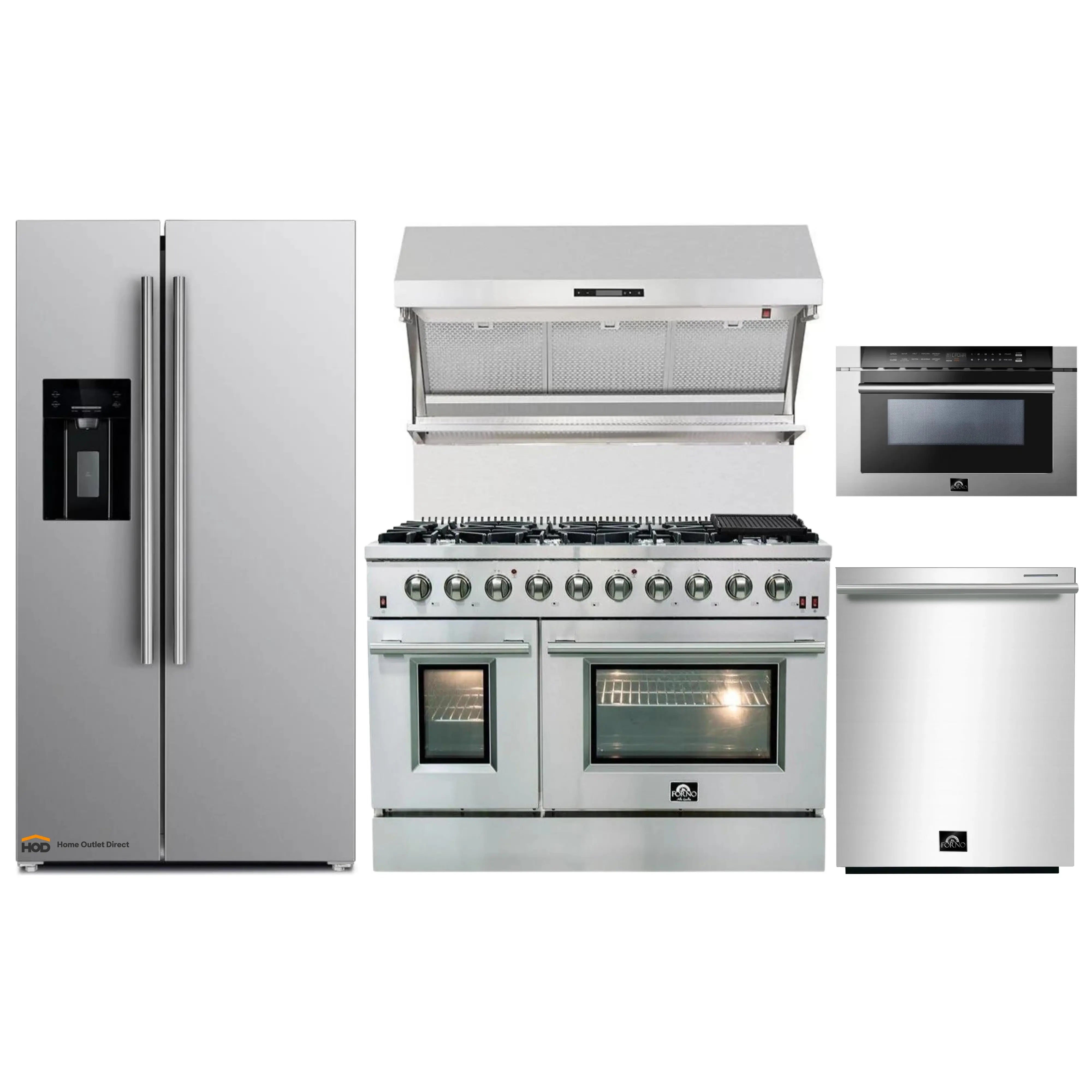 Forno 5-Piece Appliance Package - 48-Inch Gas Range, Refrigerator with Water Dispenser, Wall Mount Hood with Backsplash, Microwave Drawer, & 3-Rack Dishwasher in Stainless Steel