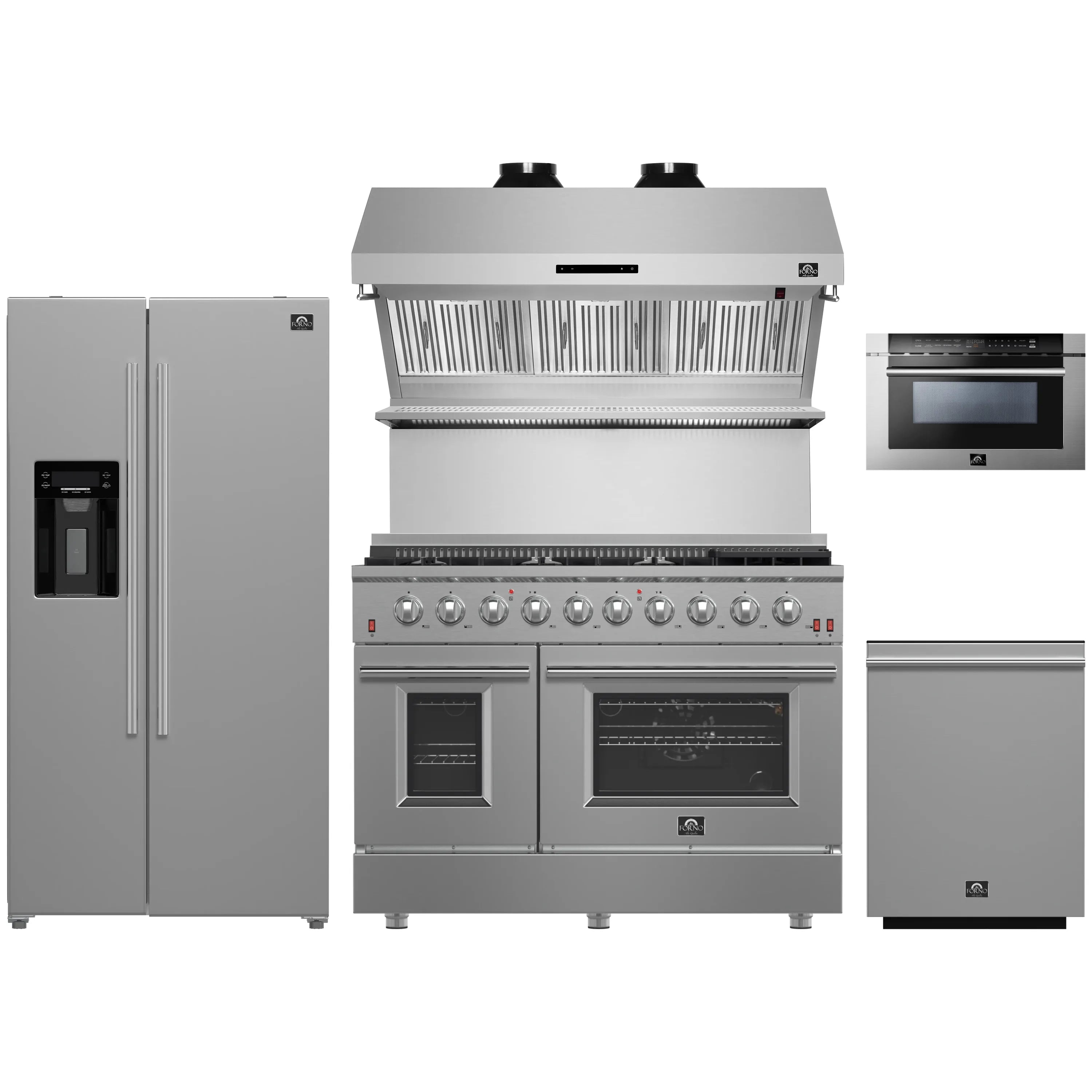Stainless steel appliance package with refrigerator, gas range, hood, microwave, dishwasher