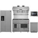 Forno 5-Piece Appliance Package - 48-Inch Gas Range, Refrigerator with Water Dispenser, Wall Mount Hood with Backsplash, 24-Inch Microwave Drawer, & 3-Rack Dishwasher in Stainless Steel