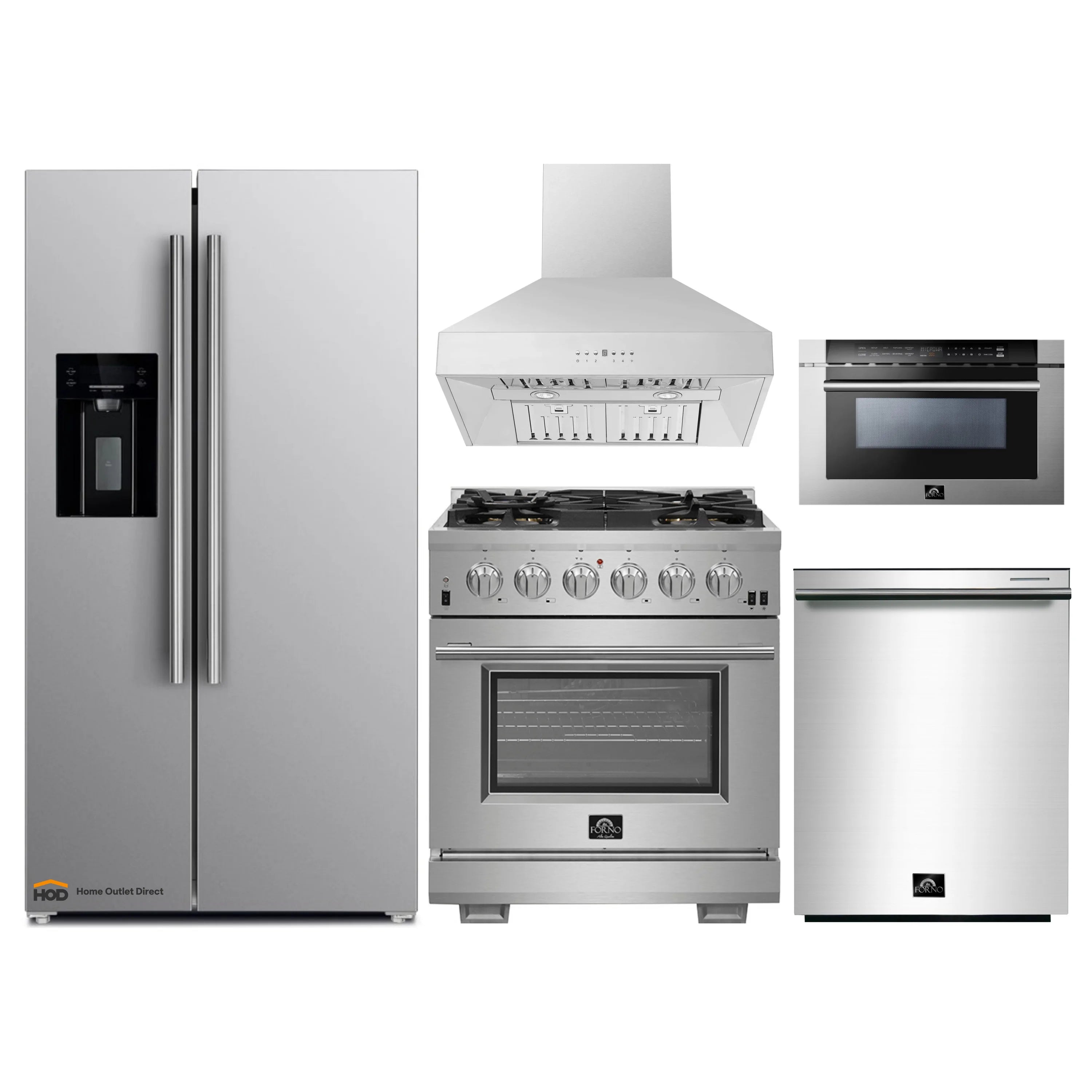 Stainless steel 5-piece kitchen appliance package with range, hood, microwave, fridge, dishwasher