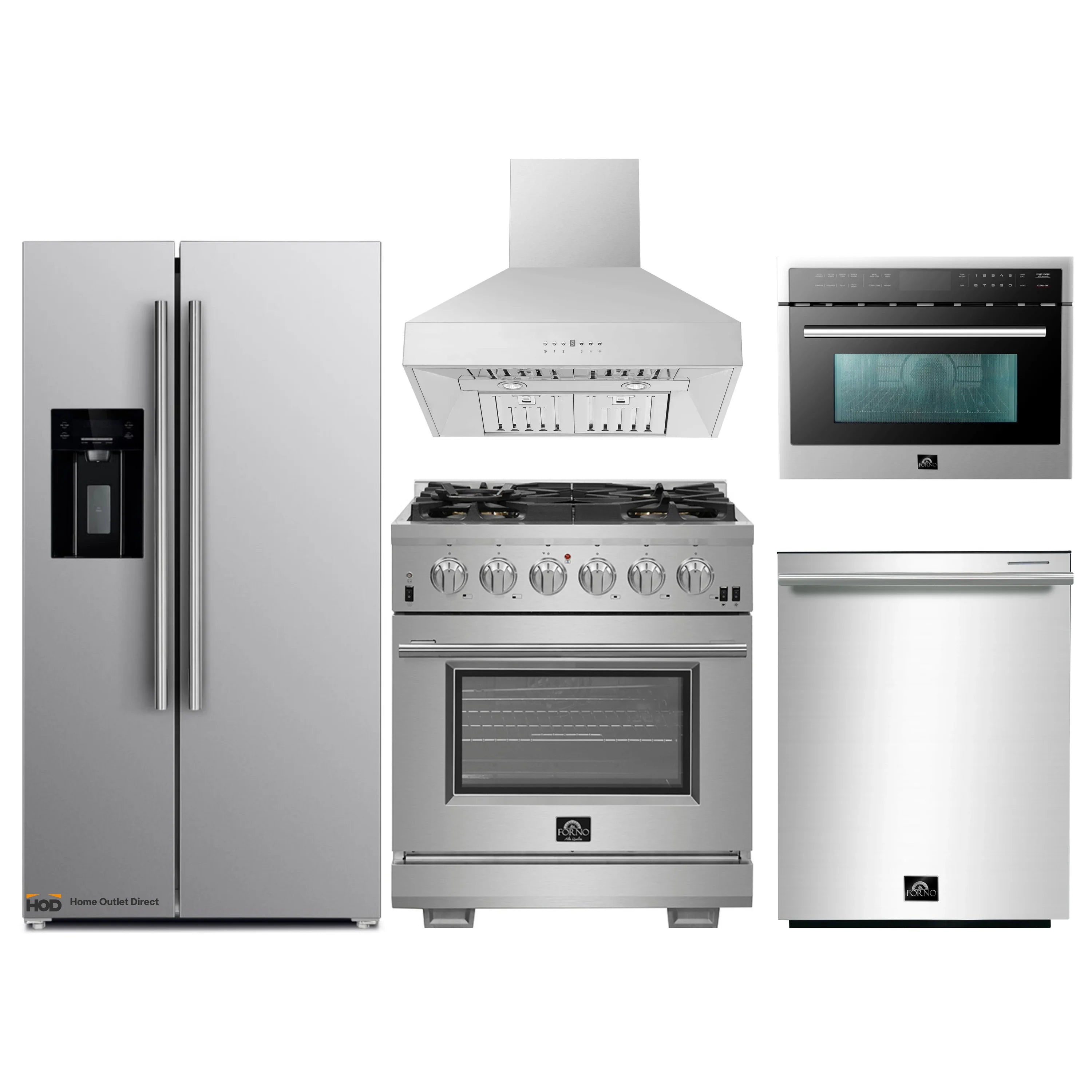 Stainless appliance set with gas range, range hood, microwave, and refrigerator doors