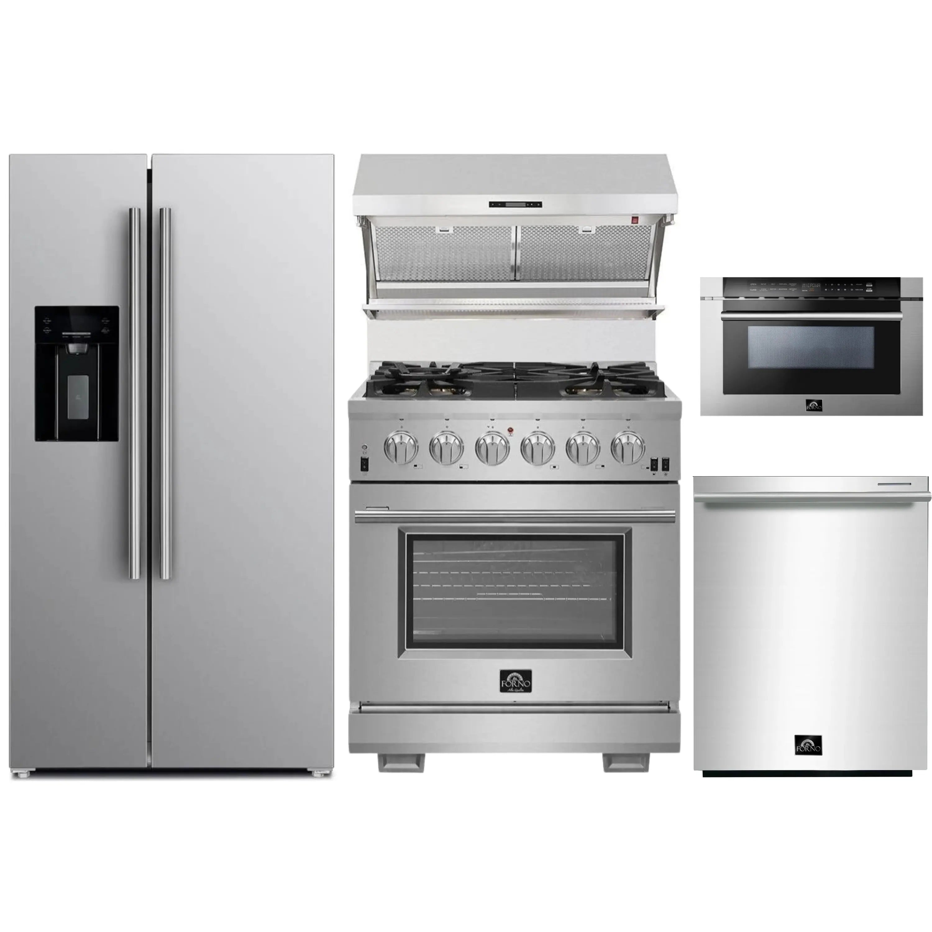 Stainless steel appliance set with refrigerator, gas range, microwave drawer, and hood