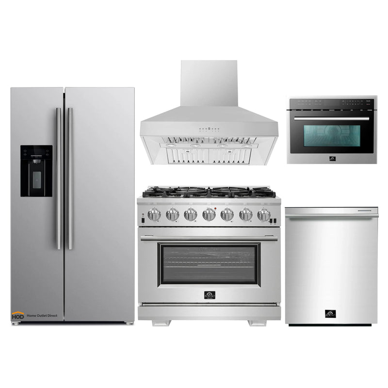 Forno 5-Piece Pro Appliance Package - 36-Inch Gas Range, Refrigerator with Water Dispenser, Wall Mount Hood, Microwave Oven, & 3-Rack Dishwasher in Stainless Steel