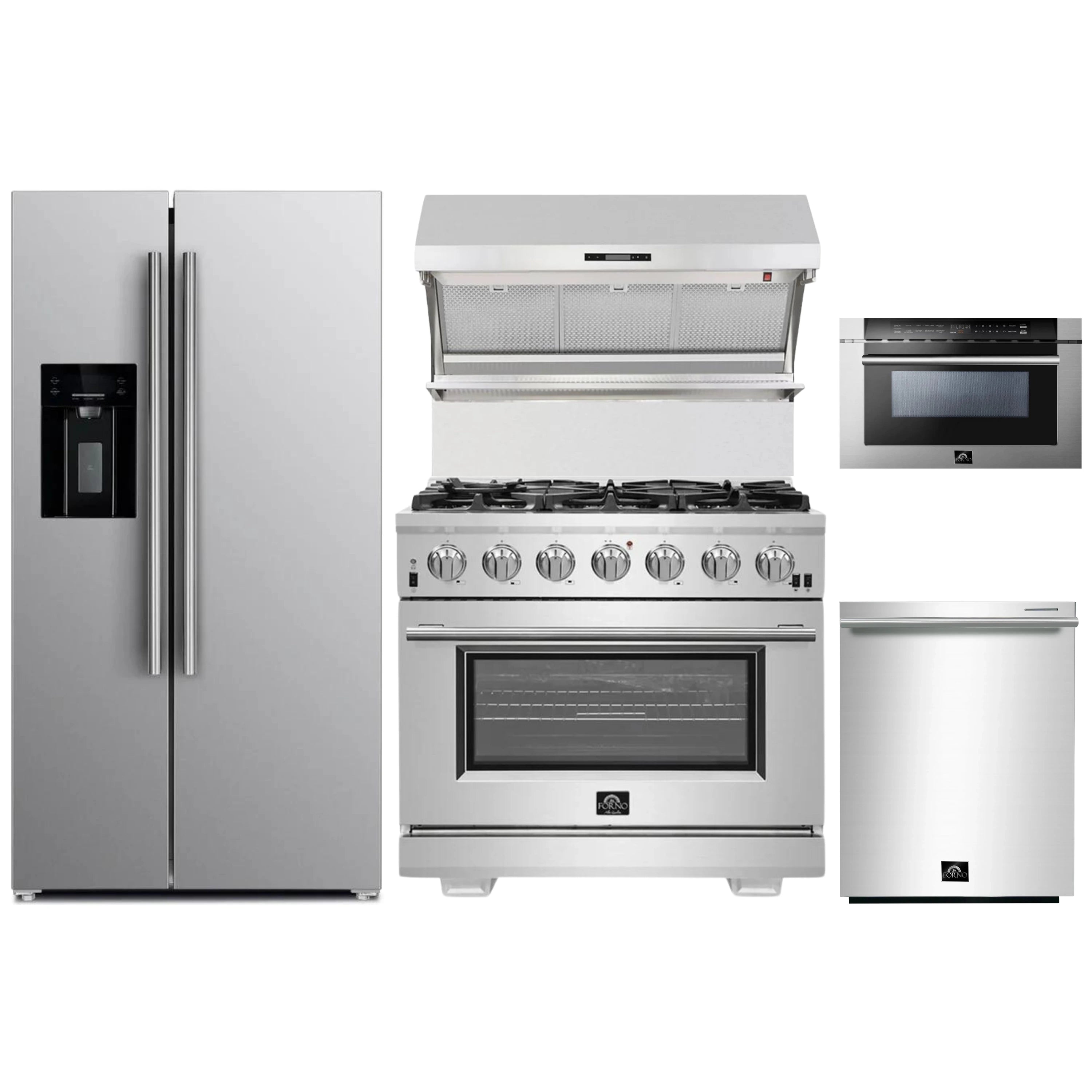 Stainless steel kitchen appliance set with fridge, range, microwave, and hood