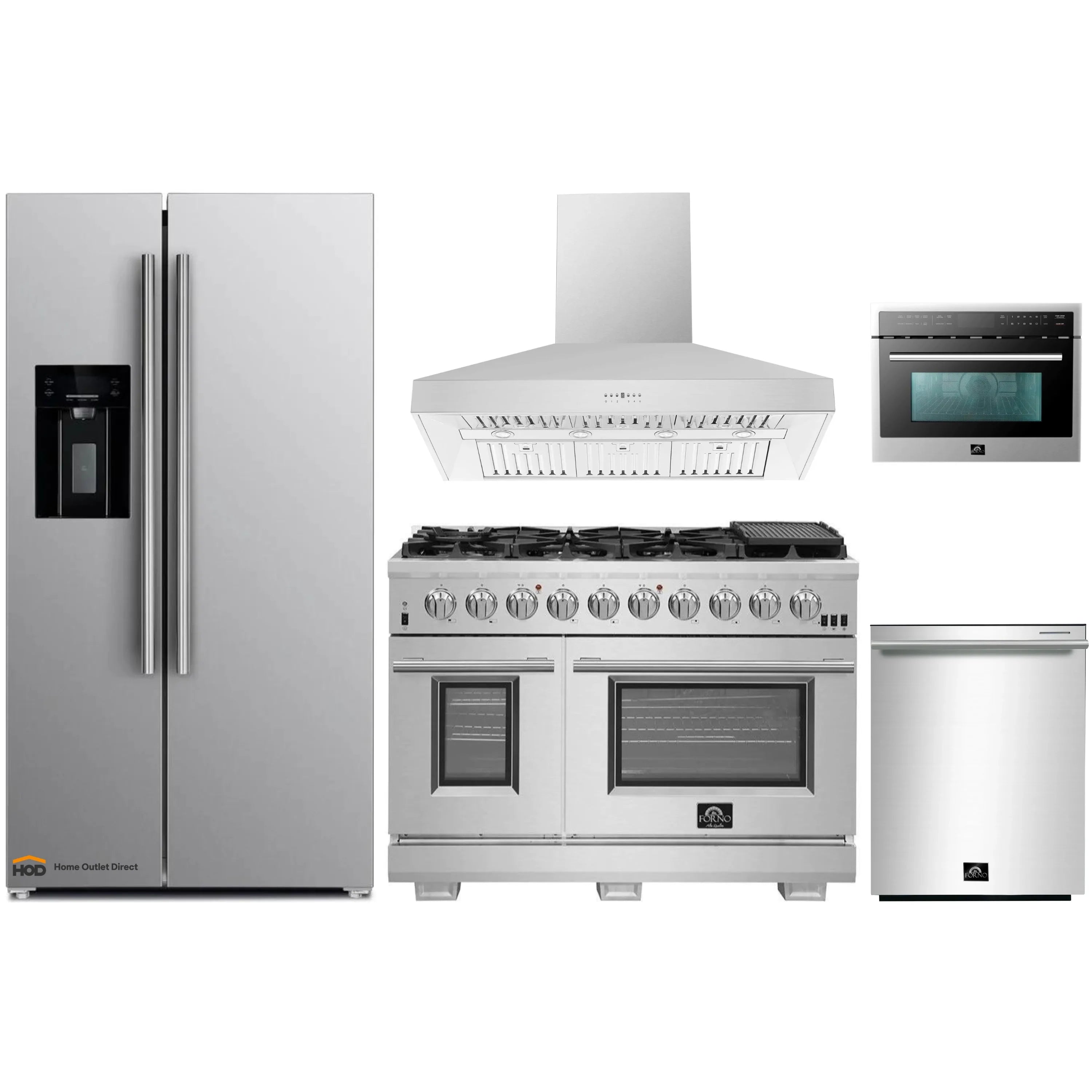 Stainless steel kitchen appliance package with refrigerator, range, hood, microwave and dishwasher