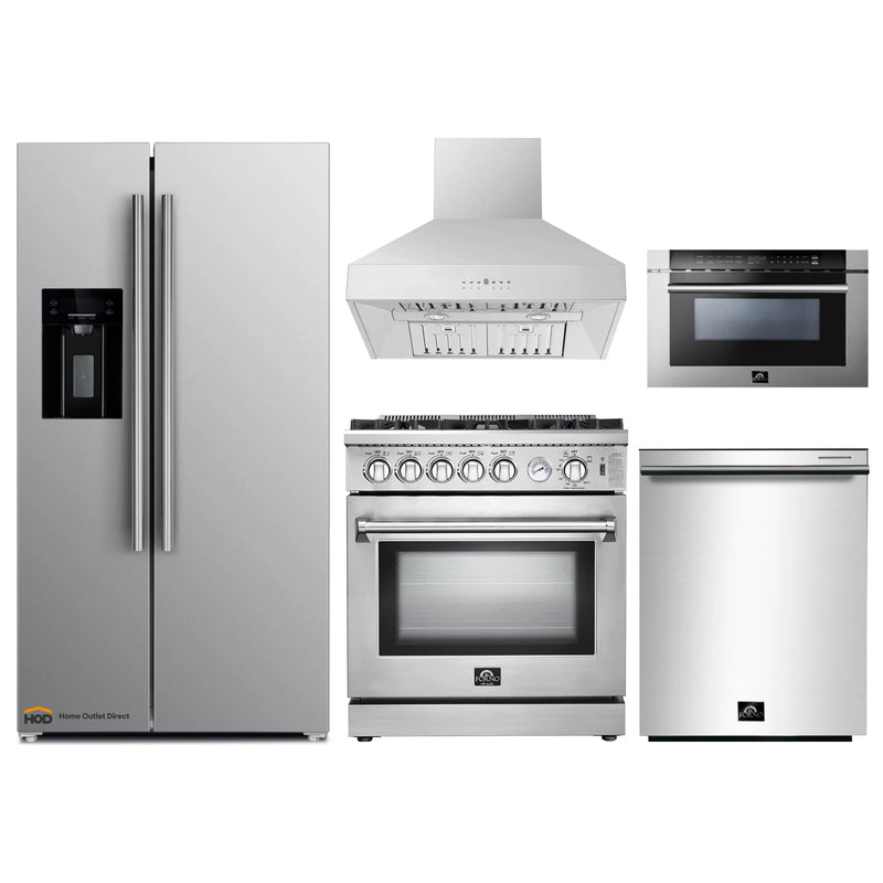 Forno 5-Piece Appliance Package - 30-Inch Gas Range, Refrigerator with Water Dispenser, Wall Mount Hood, Microwave Drawer, & 3-Rack Dishwasher in Stainless Steel