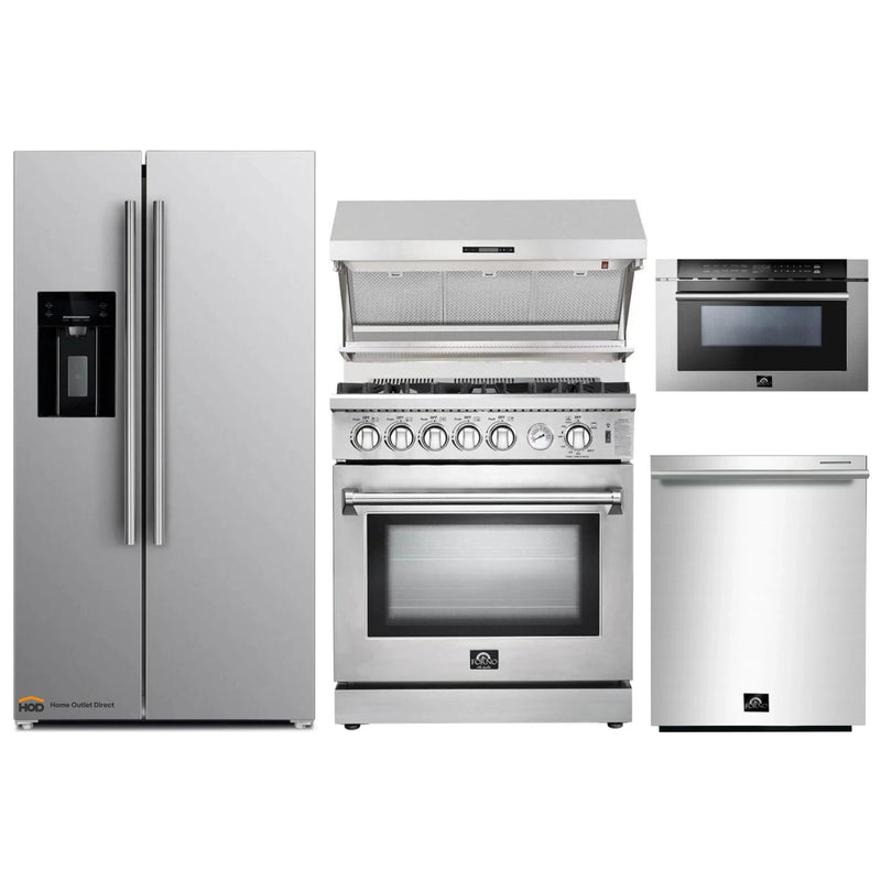 Forno 5-Piece Appliance Package - 30-Inch Gas Range, Refrigerator with Water Dispenser, Wall Mount Hood with Backsplash, Microwave Drawer, & 3-Rack Dishwasher in Stainless Steel