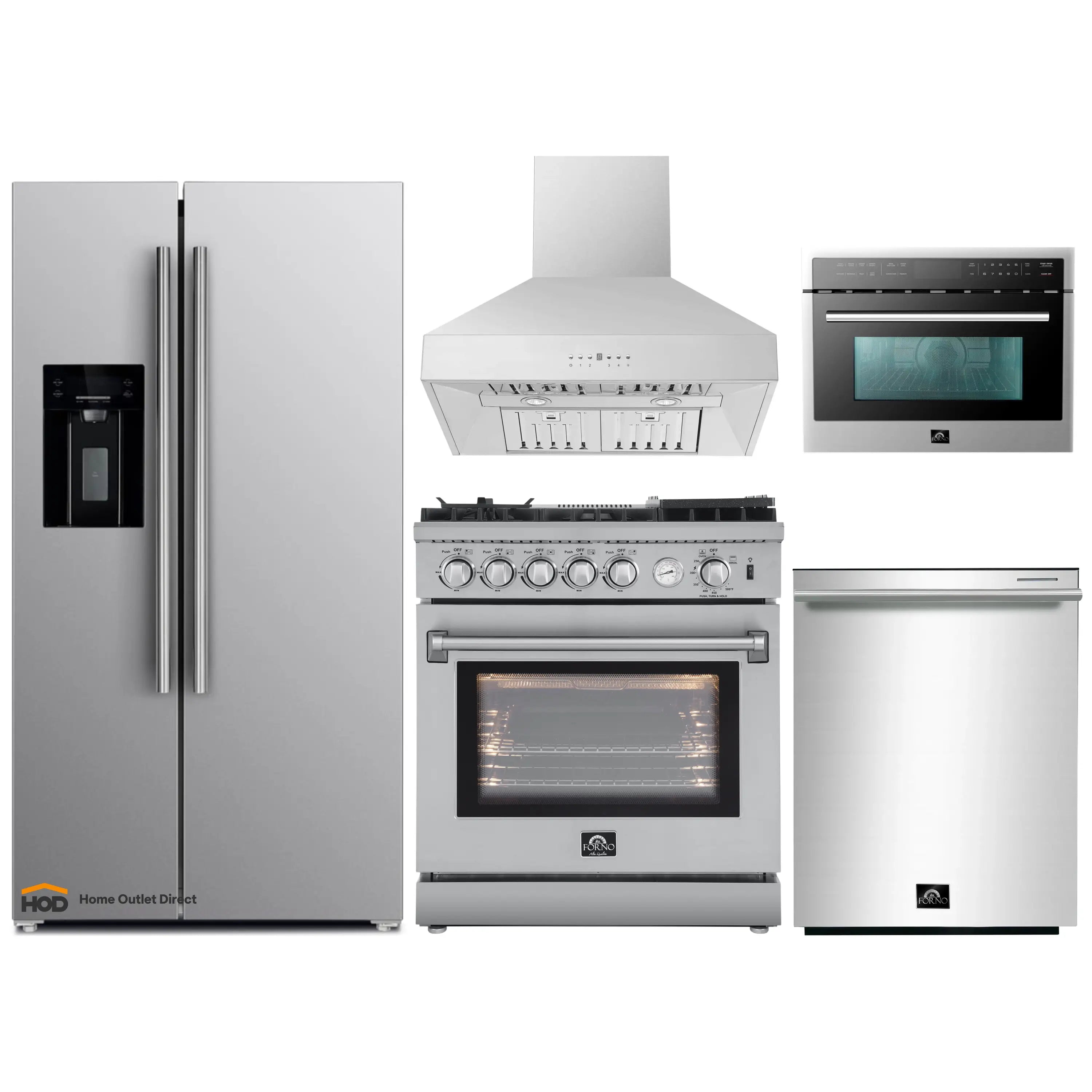 Stainless steel kitchen appliance package with range, hood, microwave, and refrigerator