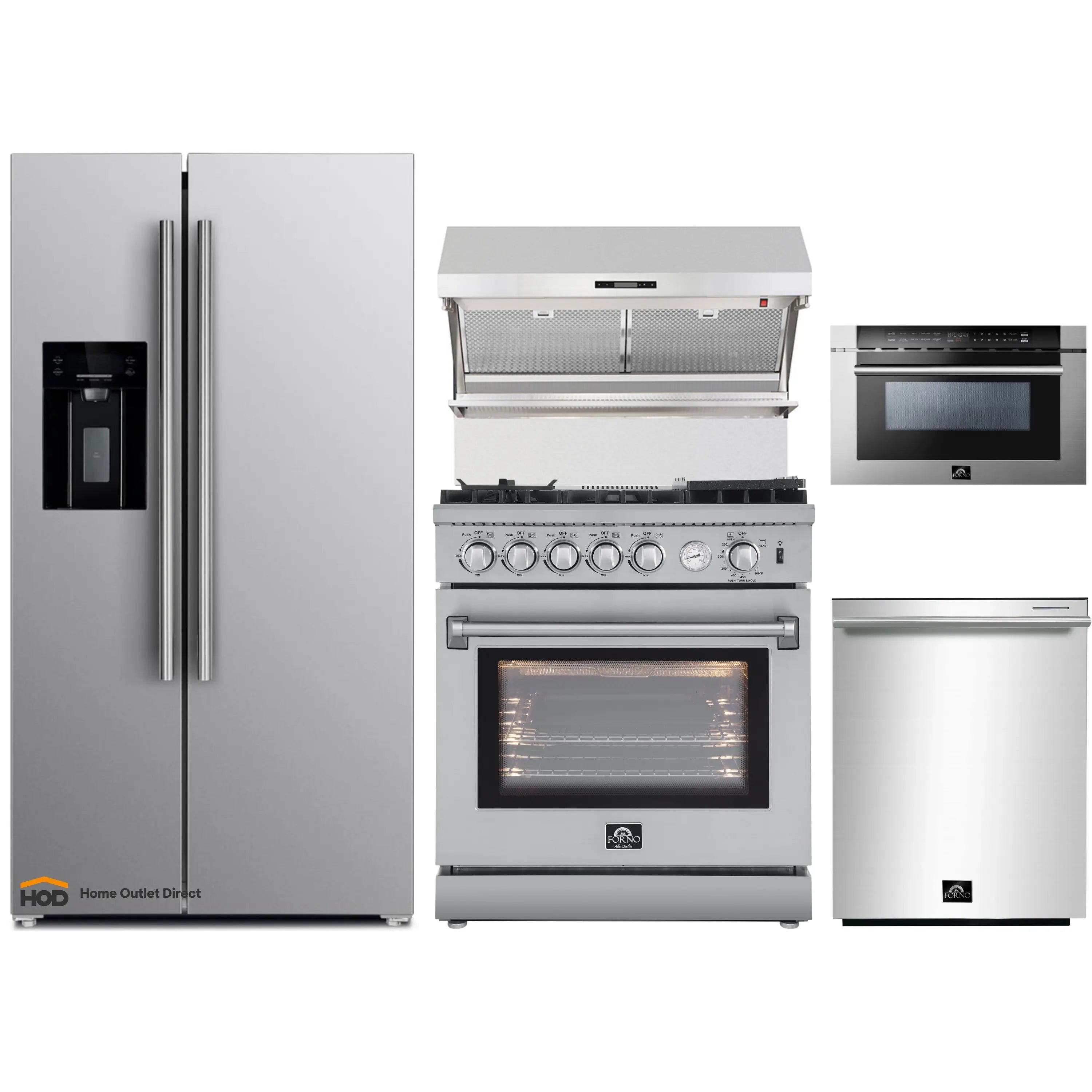 Stainless kitchen appliance set with gas range, hood, microwave drawer, fridge, dishwasher