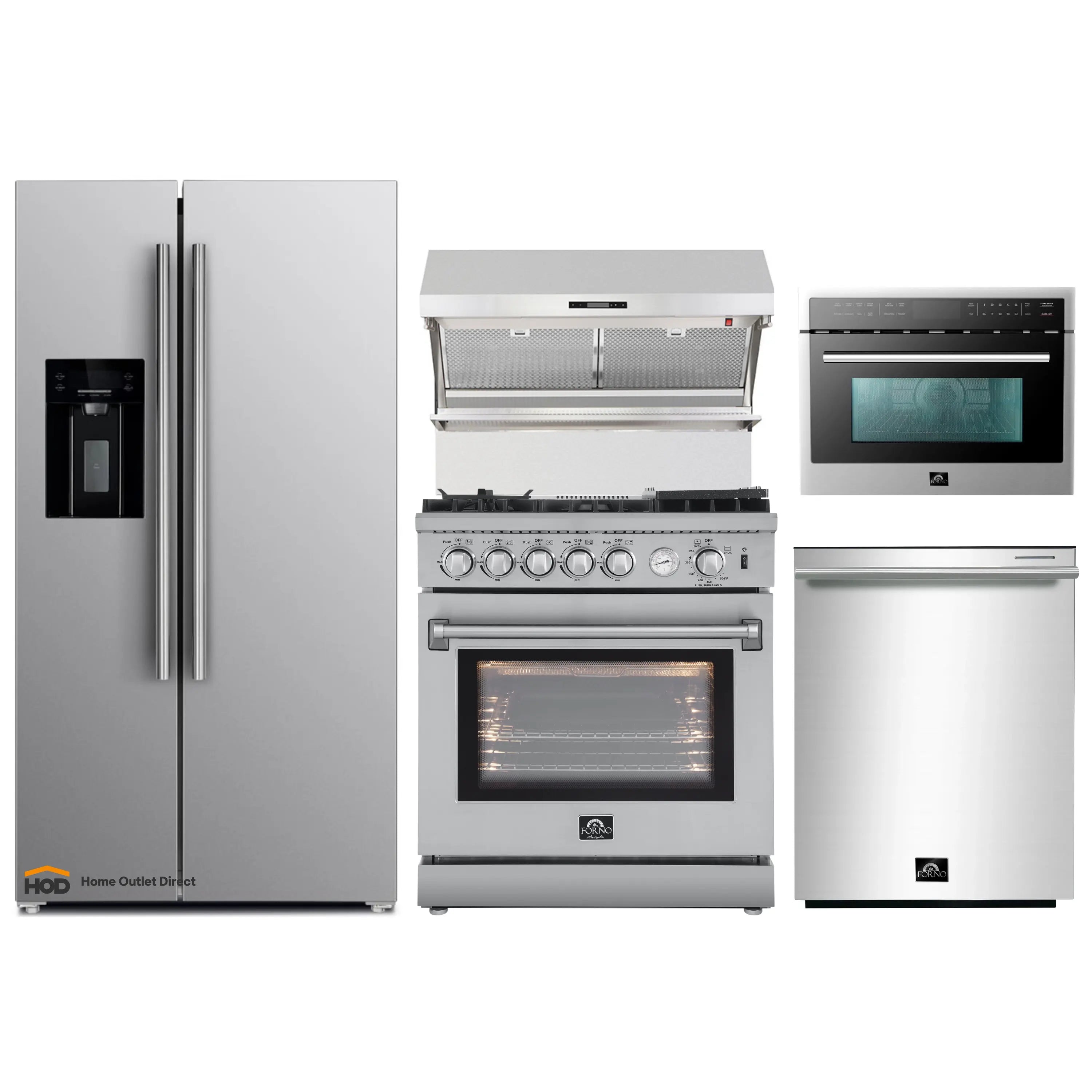 Forno 5-Piece Appliance Package - 30-Inch Gas Range with Air Fryer, Refrigerator with Water Dispenser, Wall Mount Hood with Backsplash, Microwave Oven, & 3-Rack Dishwasher in Stainless Steel