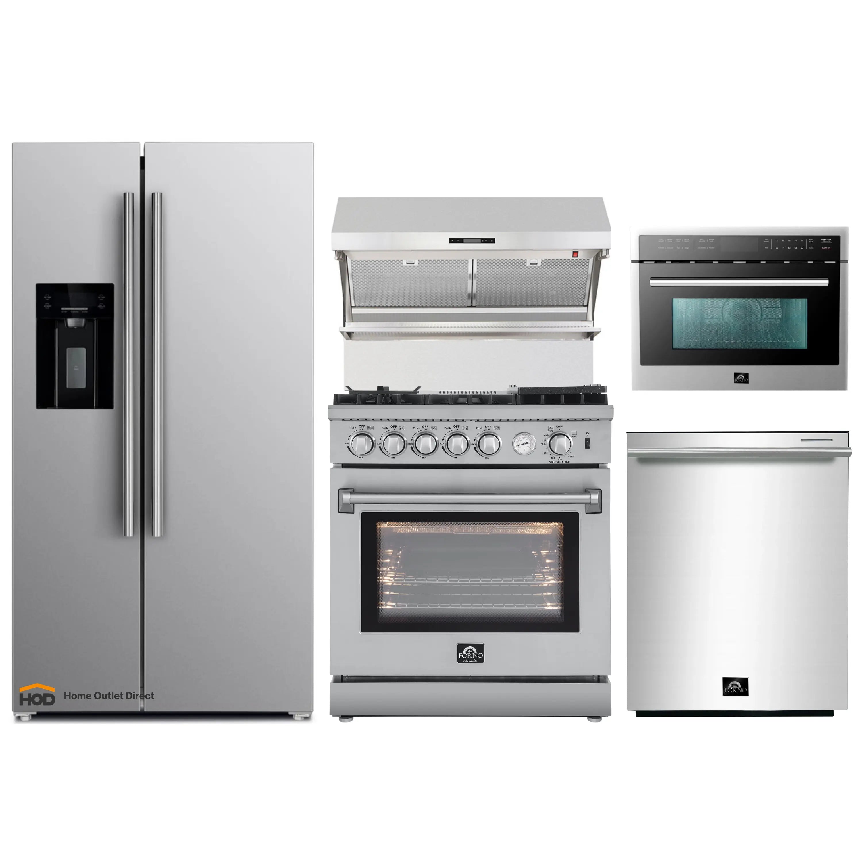 Stainless steel appliance package with refrigerator, gas range, wall hood, and microwave