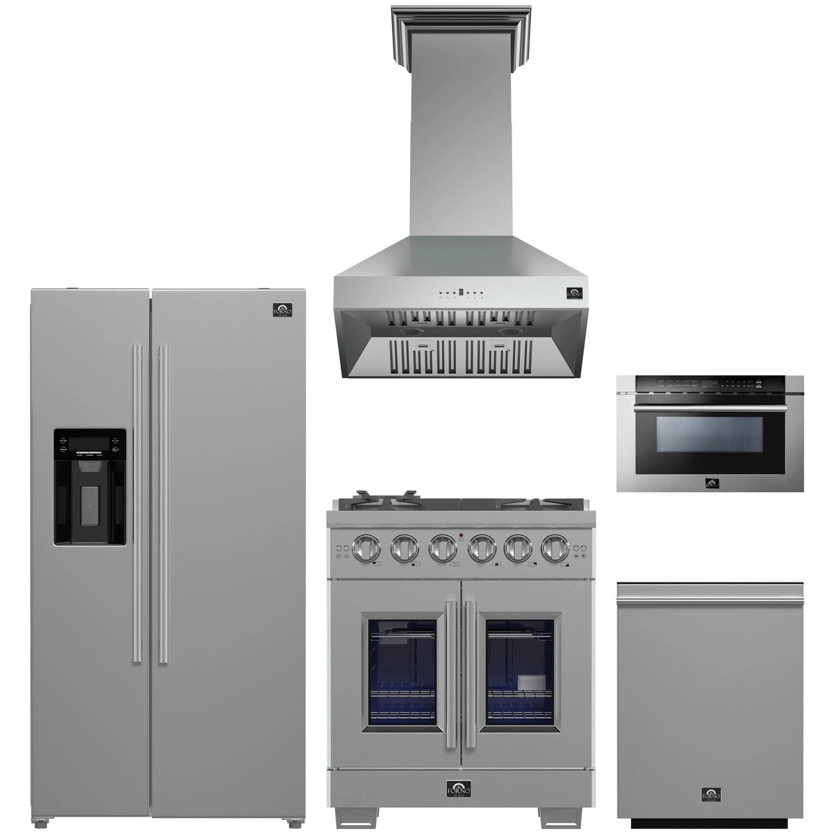 Forno 5-Piece Pro Appliance Package - 30-Inch Gas Range, Refrigerator with Water Dispenser, Wall Mount Hood, 24-Inch Microwave Drawer, & 3-Rack Dishwasher in Stainless Steel