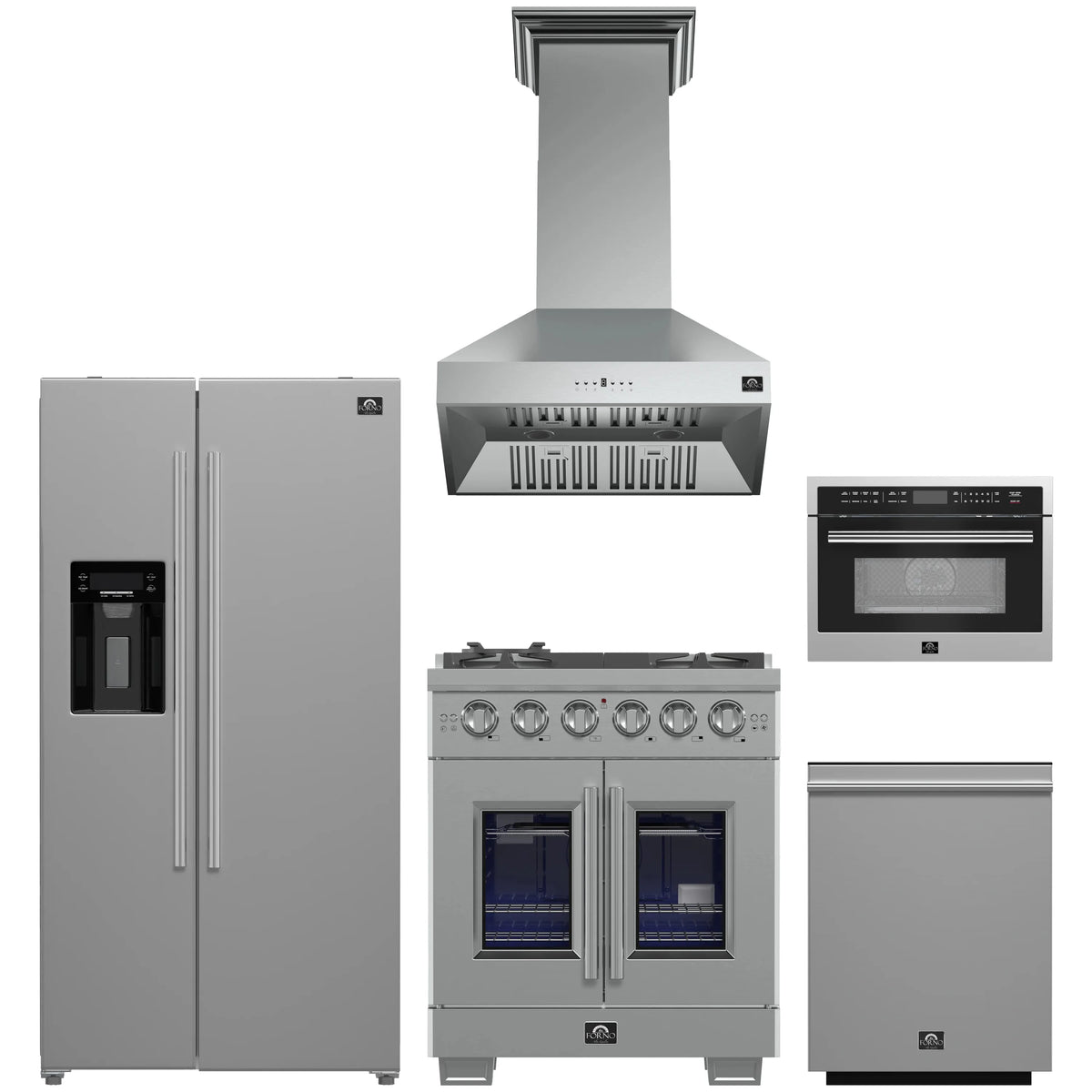 Forno 5-Piece Pro Appliance Package - 30-Inch Gas Range, Refrigerator with Water Dispenser, Wall Mount Hood, 24-Inch Microwave Oven, & 3-Rack Dishwasher in Stainless Steel