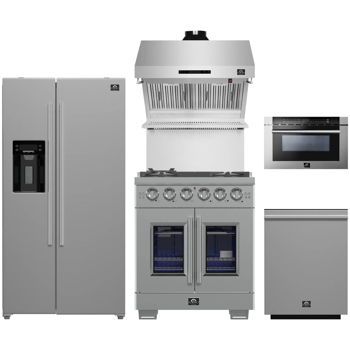 Forno 5-Piece Pro Appliance Package - 30-Inch Gas Range, Refrigerator with Water Dispenser, Wall Mount Hood with Backsplash, 24-Inch Microwave Drawer, & 3-Rack Dishwasher in Stainless Steel