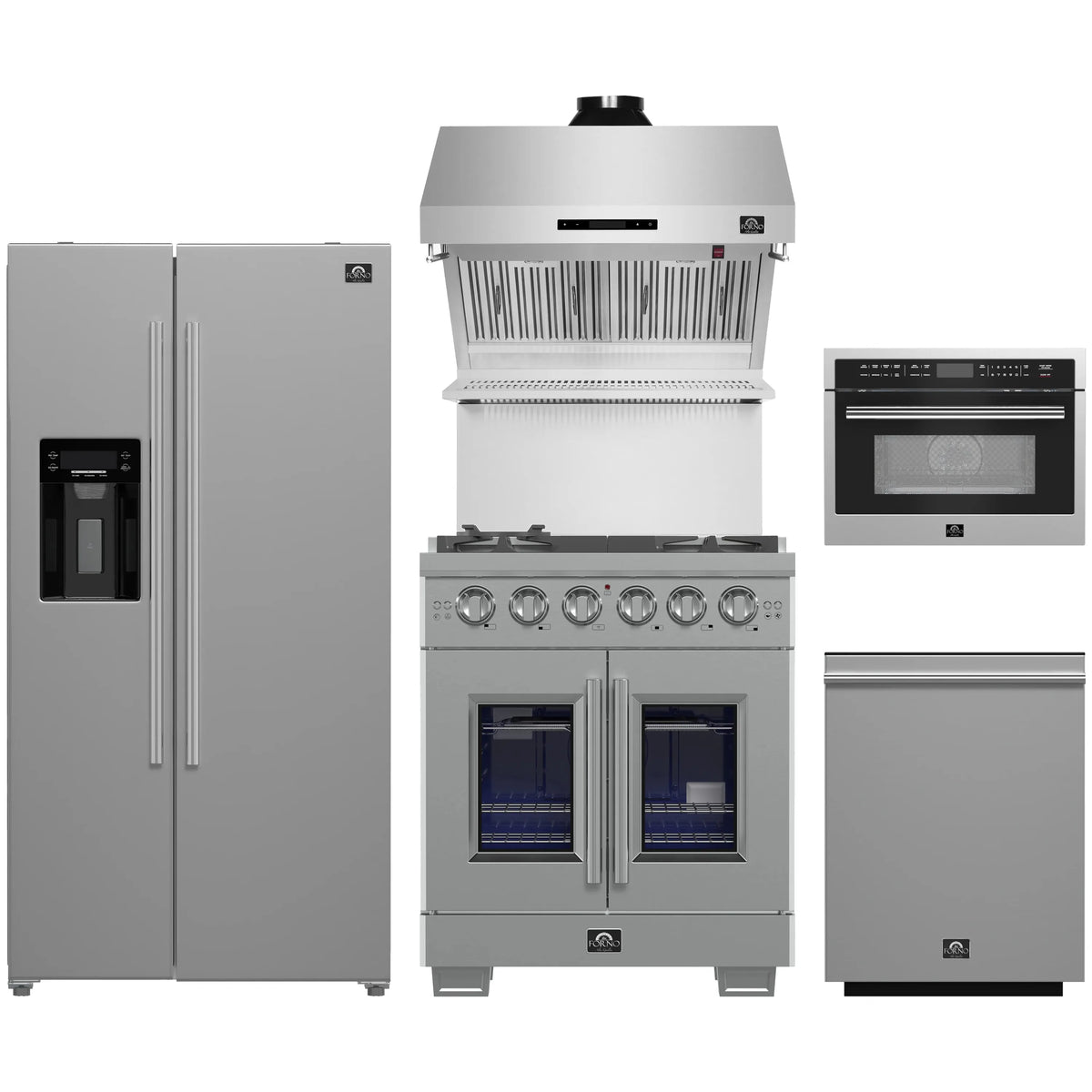 Forno 5-Piece Pro Appliance Package - 30-Inch Gas Range, Refrigerator with Water Dispenser, Wall Mount Hood with Backsplash, 24-Inch Microwave Oven, & 3-Rack Dishwasher in Stainless Steel