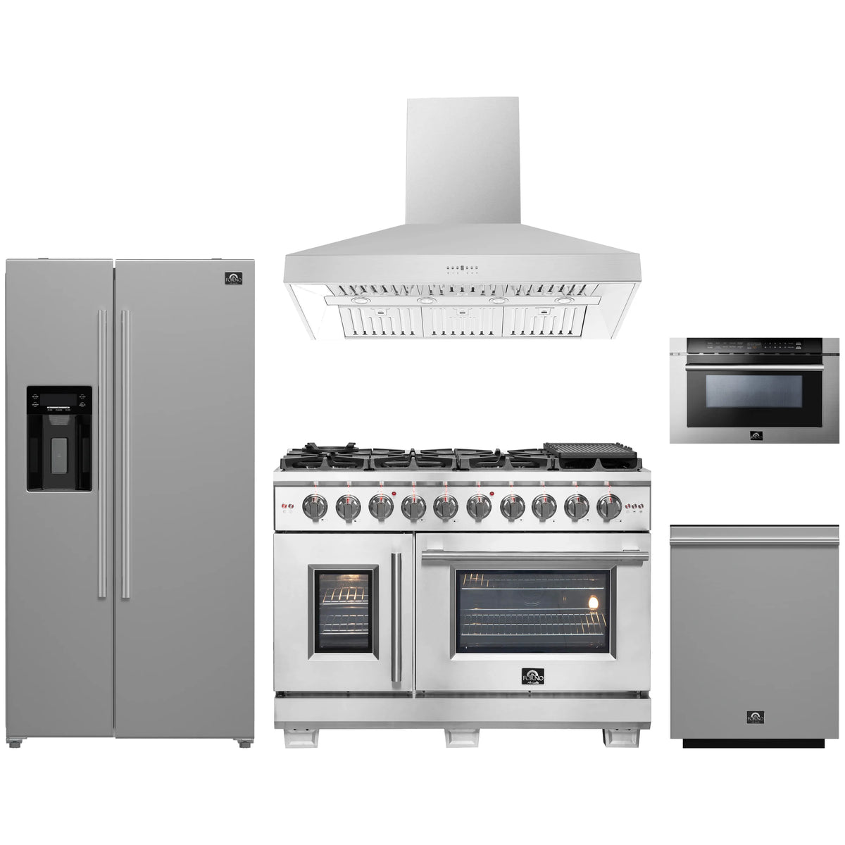 Forno 5-Piece Pro Appliance Package - 48-Inch Gas Range, Refrigerator with Water Dispenser, Wall Mount Hood, 24-Inch Microwave Drawer, & 3-Rack Dishwasher in Stainless Steel