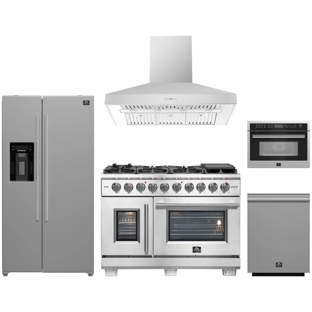 Forno 5-Piece Pro Appliance Package - 48-Inch Gas Range, Refrigerator with Water Dispenser, Wall Mount Hood, 24-Inch Microwave Oven, & 3-Rack Dishwasher in Stainless Steel