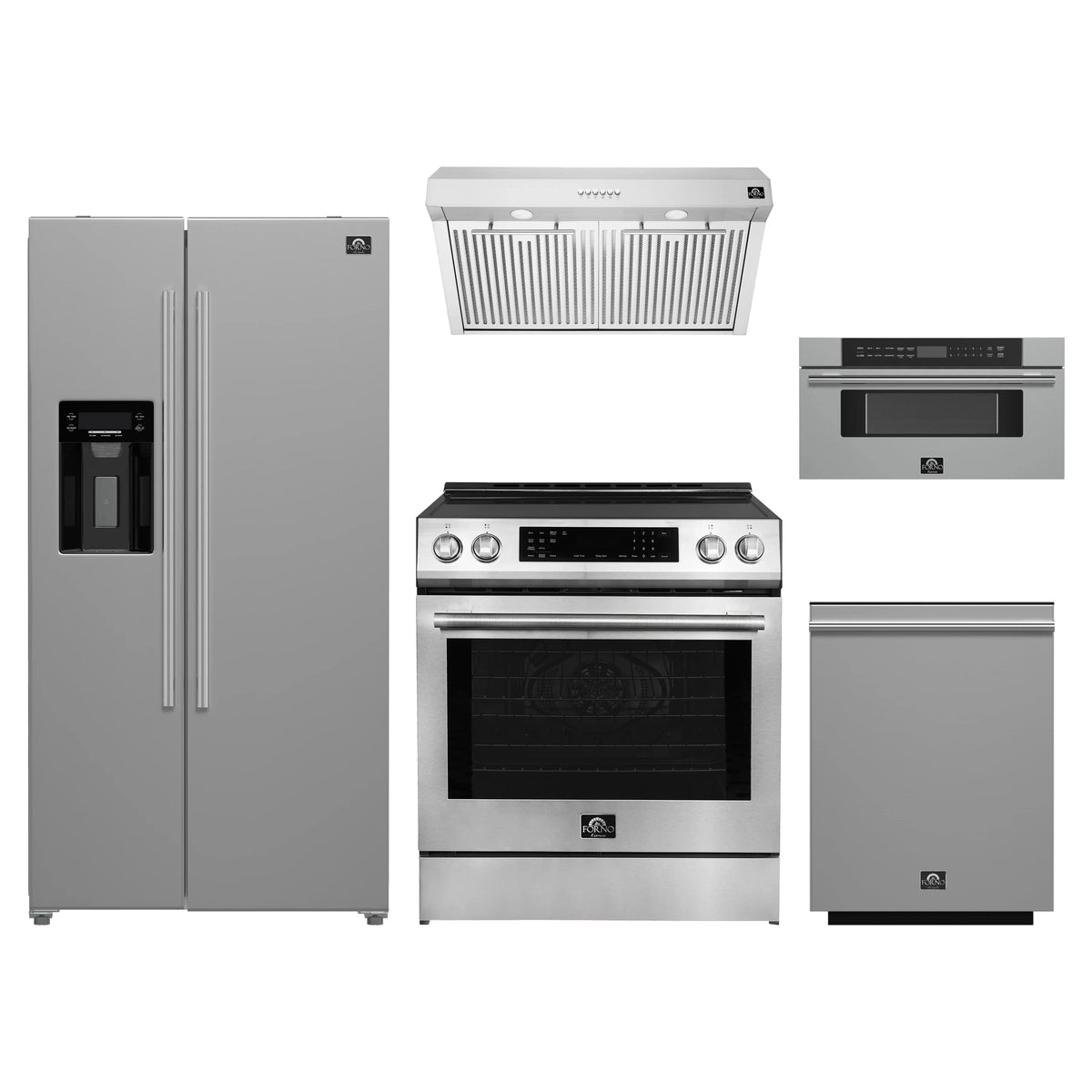 Forno 5-Piece Appliance Package - 30-Inch Induction Range, Under Cabinet Range Hood, Refrigerator with Water Dispenser, Dishwasher, and 30-Inch Microwave Drawer in Stainless Steel