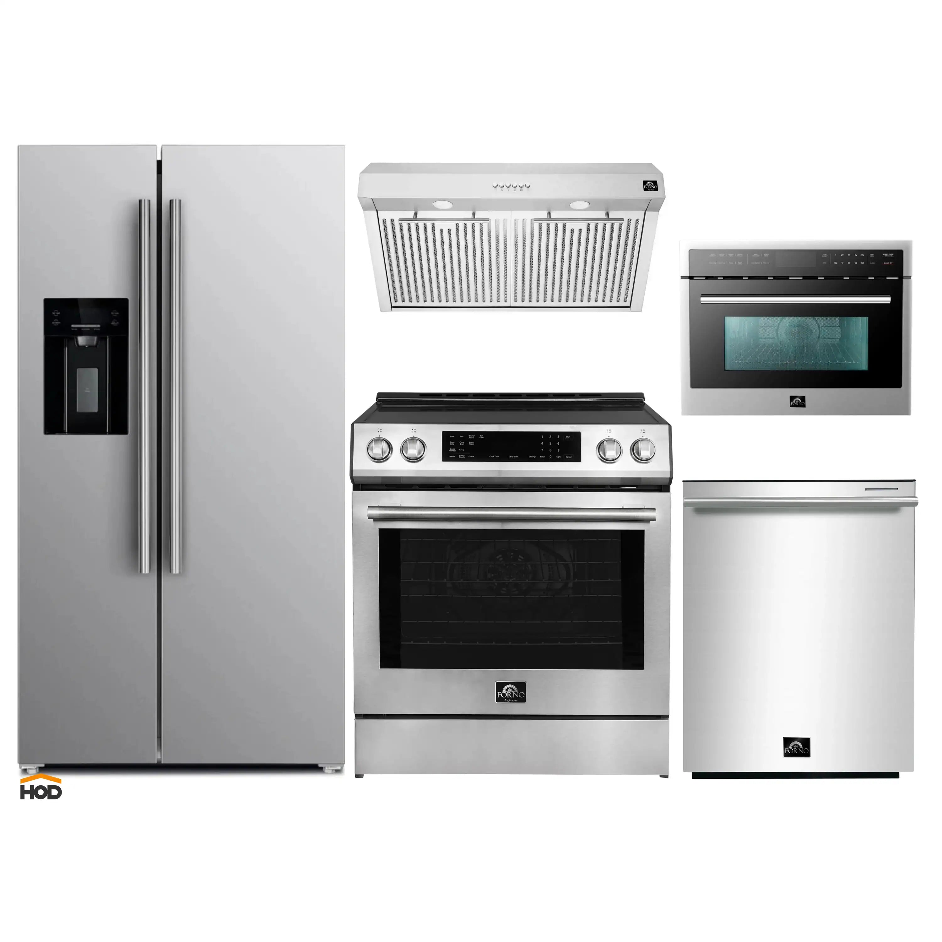 5-piece stainless steel kitchen appliance set with range, hood, microwave, fridge