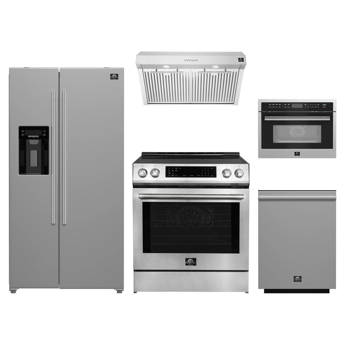 Forno 5-Piece Appliance Package - 30-Inch Induction Range, Under Cabinet Range Hood, Refrigerator with Water Dispenser, Dishwasher, and 24-Inch Microwave Oven in Stainless Steel