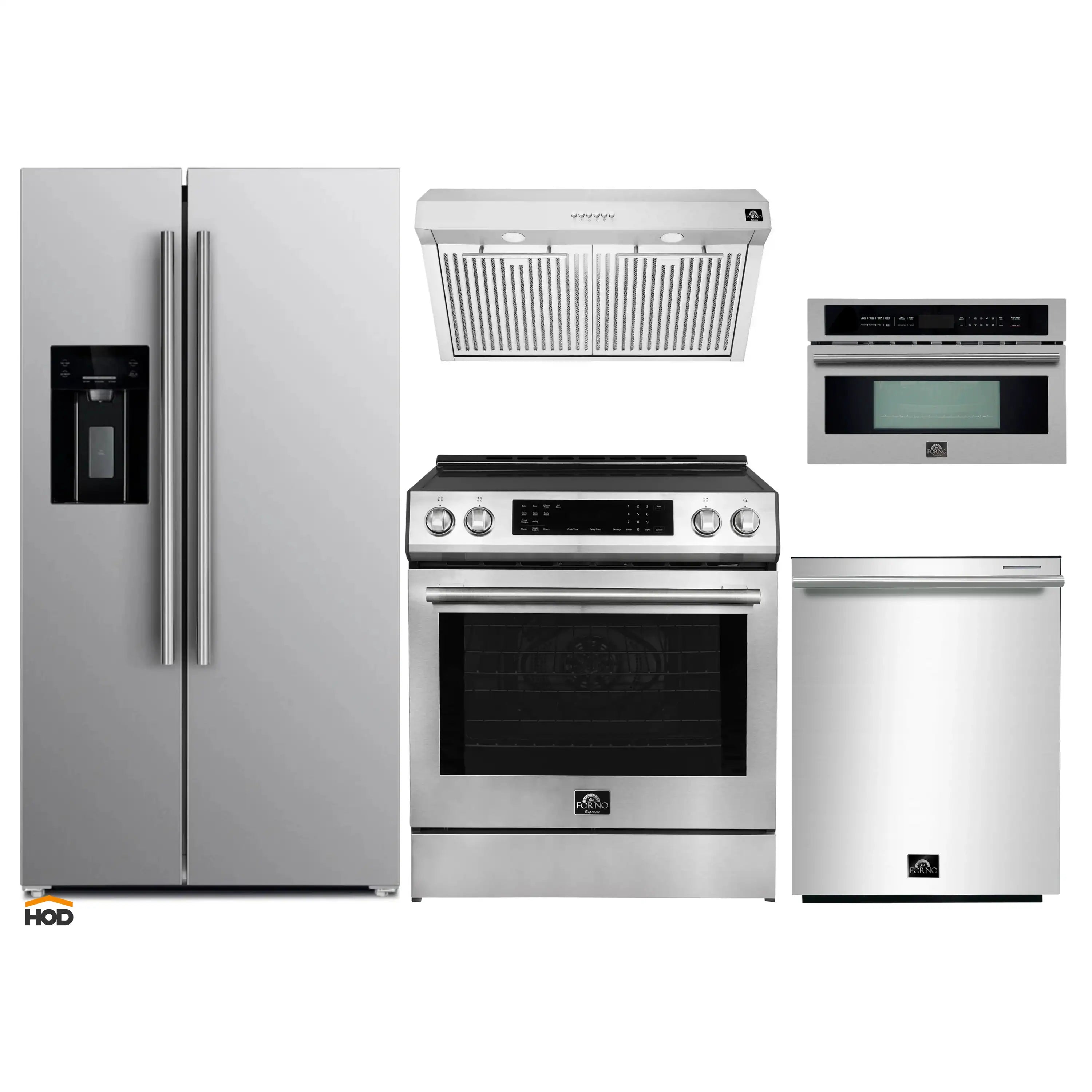 Stainless steel appliance package with refrigerator, range, microwave, and under-cabinet hood