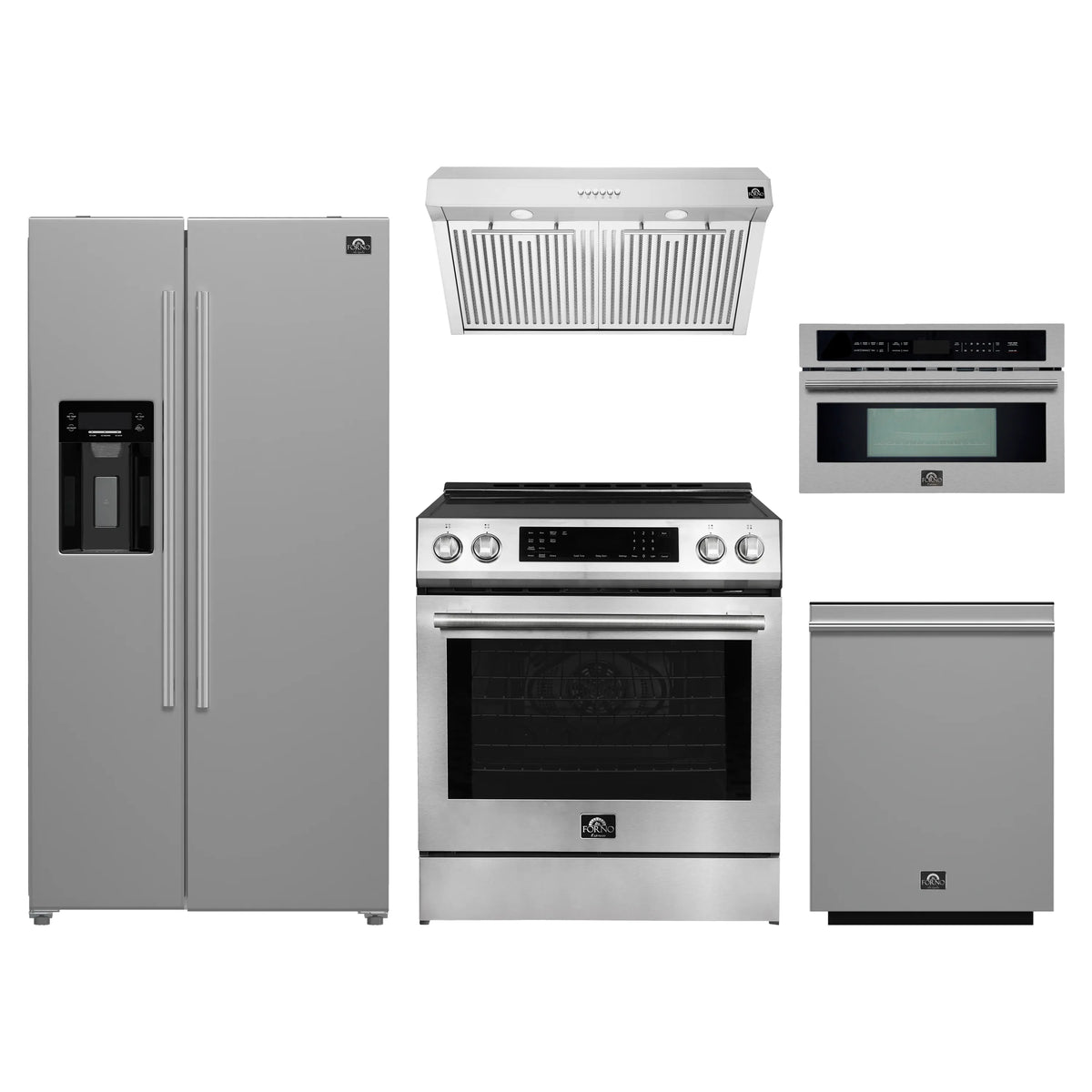 Forno 5-Piece Appliance Package - 30-Inch Induction Range, Under Cabinet Range Hood, Refrigerator with Water Dispenser, Dishwasher, and 30-Inch Microwave Oven in Stainless Steel