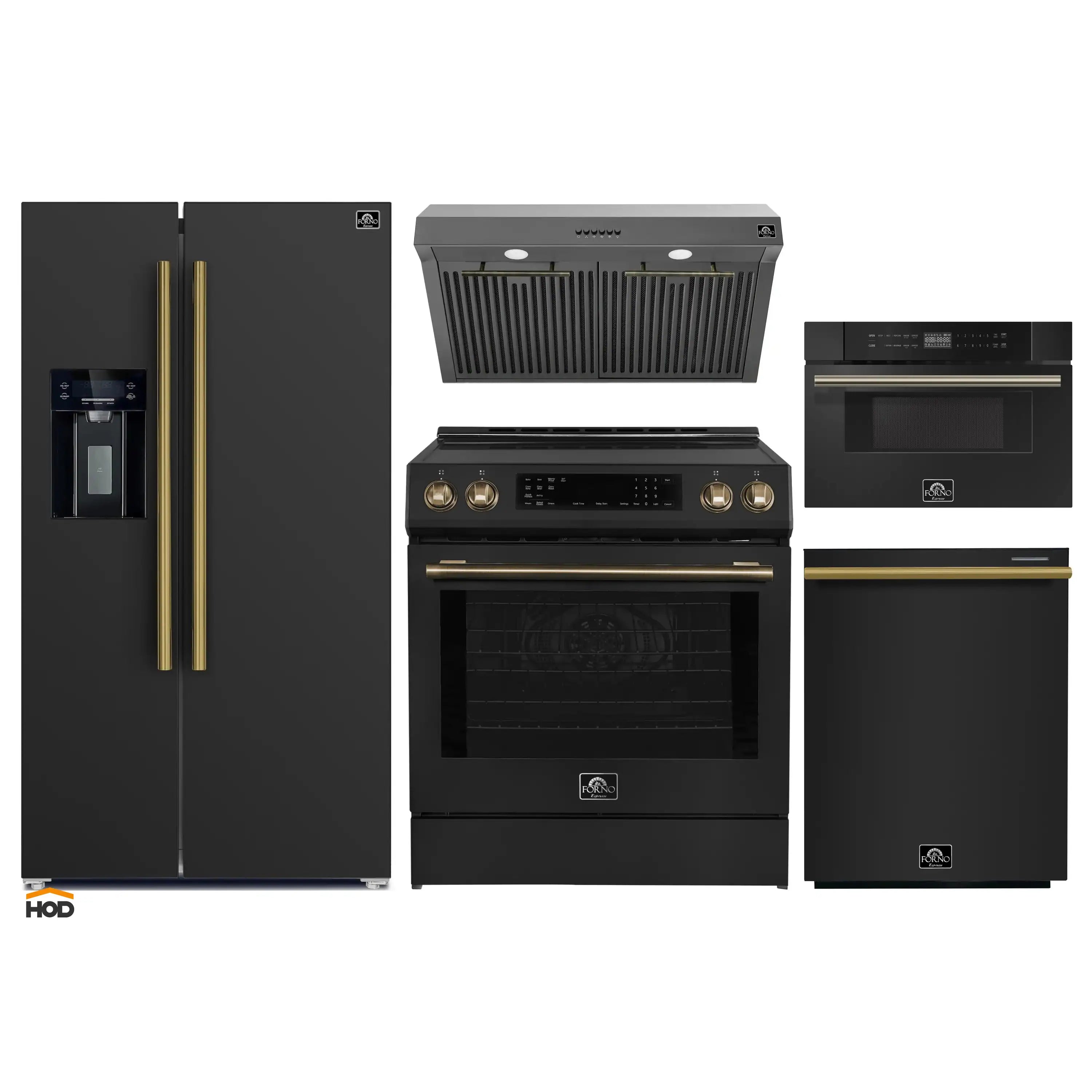 Black and brass appliance set with refrigerator, range, hood, and microwave drawers