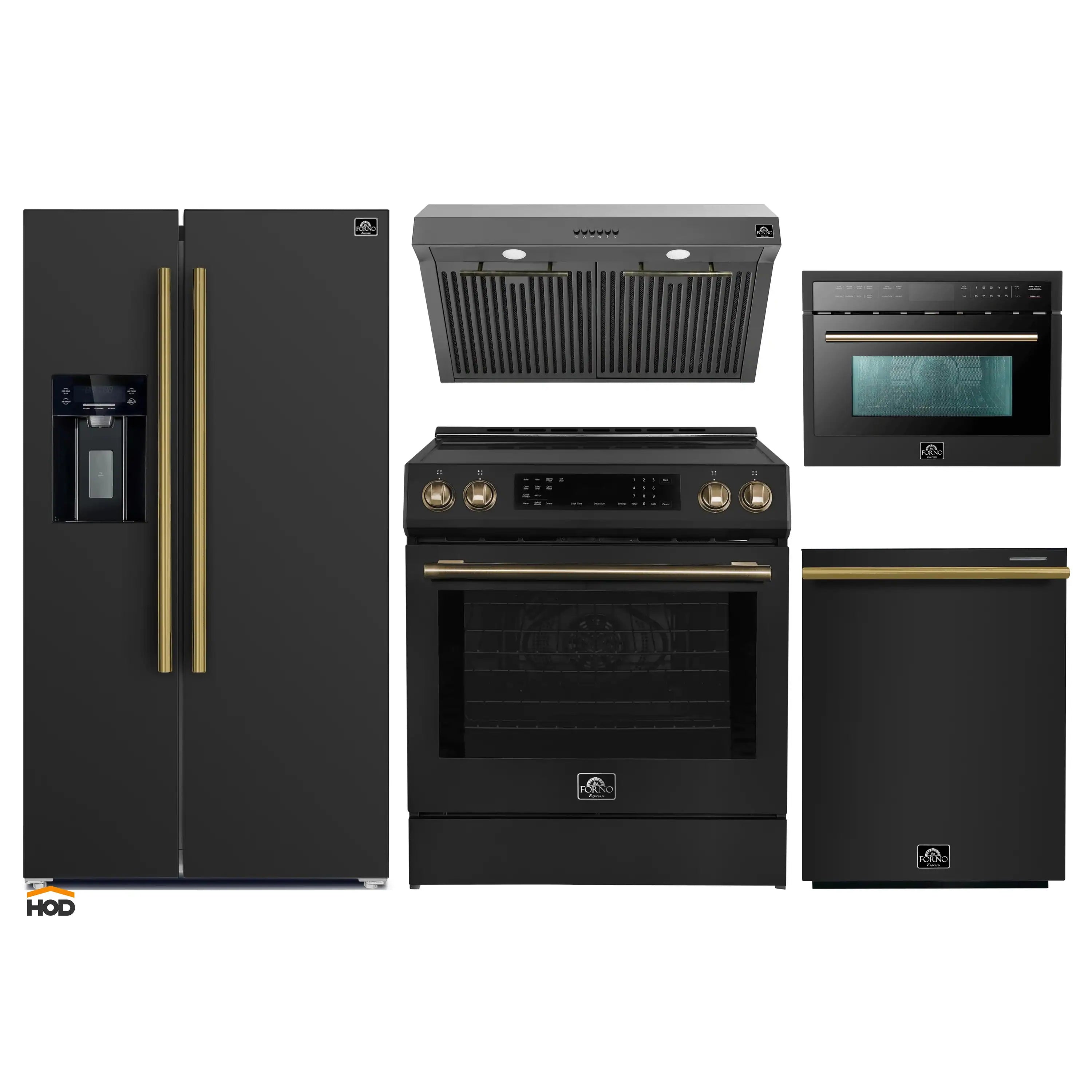5-piece black appliance package with refrigerator, range, hood, microwave, and dishwasher