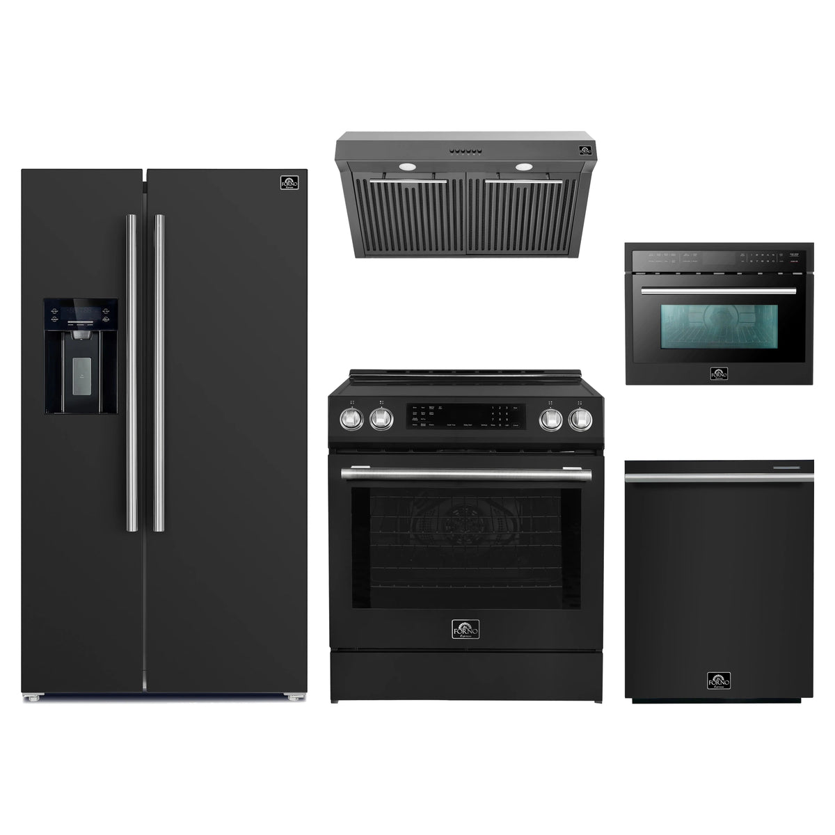 Forno 5-Piece Appliance Package - 30-Inch Induction Range, Under Cabinet Range Hood, Refrigerator with Water Dispenser, Dishwasher, and 24-Inch Microwave Oven in Black with Stainless Steel Trim