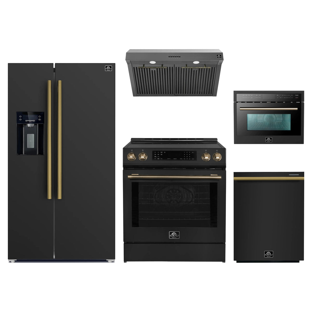 Forno 5-Piece Appliance Package - 30-Inch Induction Range, Under Cabinet Range Hood, Refrigerator with Water Dispenser, Dishwasher, and 24-Inch Microwave Oven in Black with Antique Brass Trim