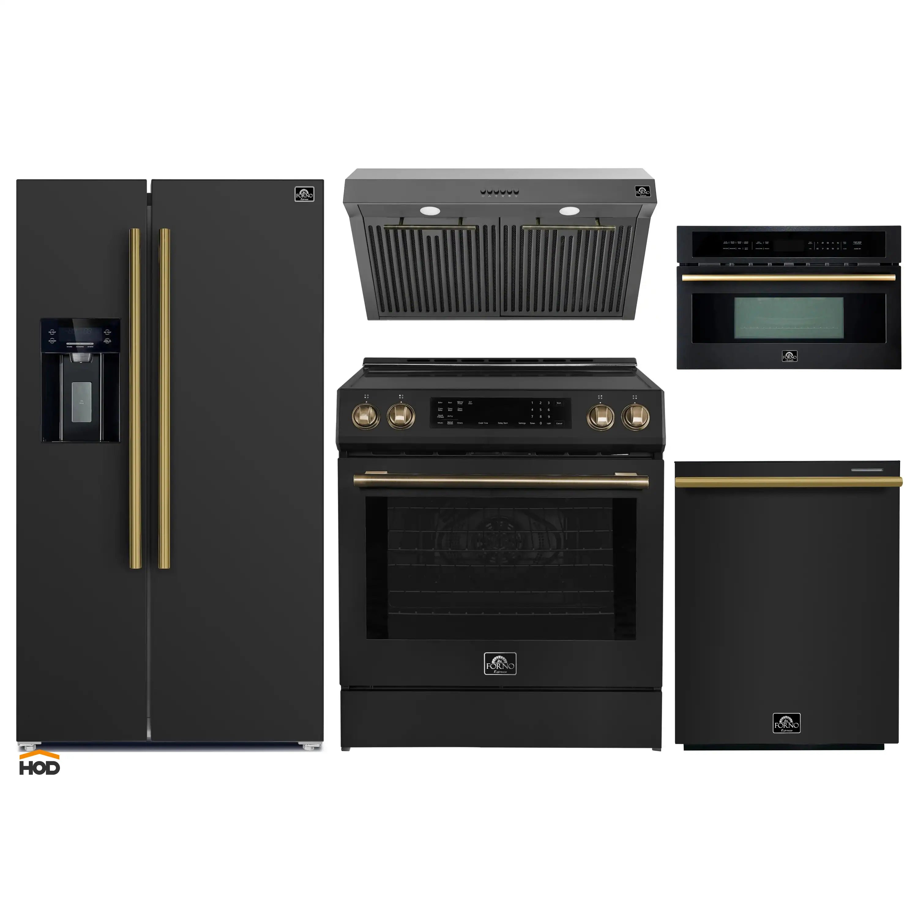 Black appliance package with antique brass accents: refrigerator, range, dishwasher, microwave, hood
