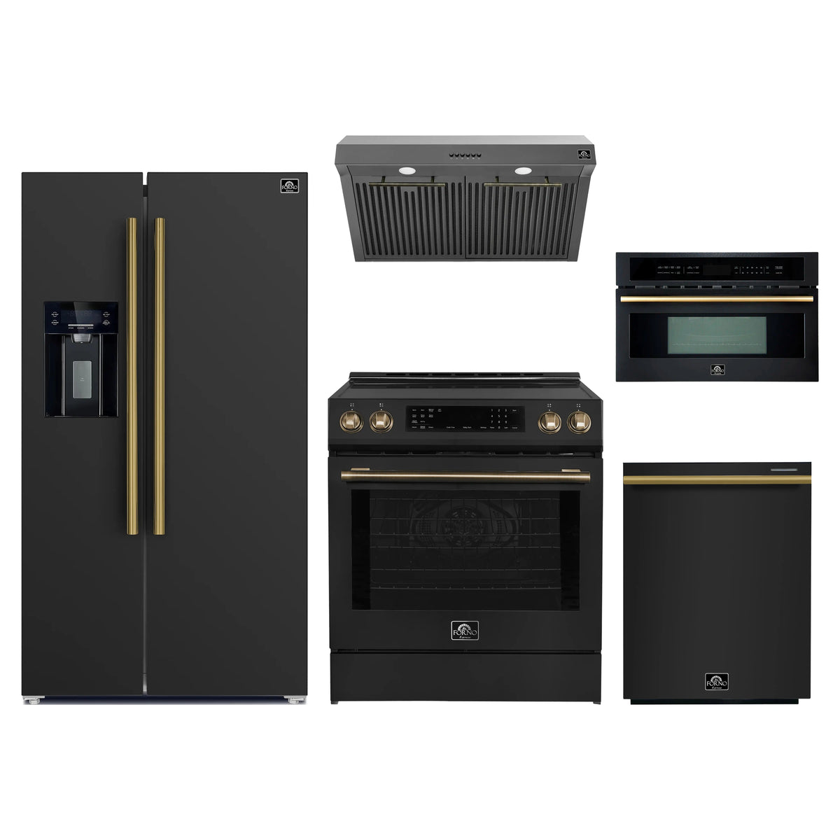 Forno 5-Piece Appliance Package - 30-Inch Induction Range, Under Cabinet Range Hood, Refrigerator with Water Dispenser, Dishwasher, and 30-Inch Microwave Oven in Black with Antique Brass Trim