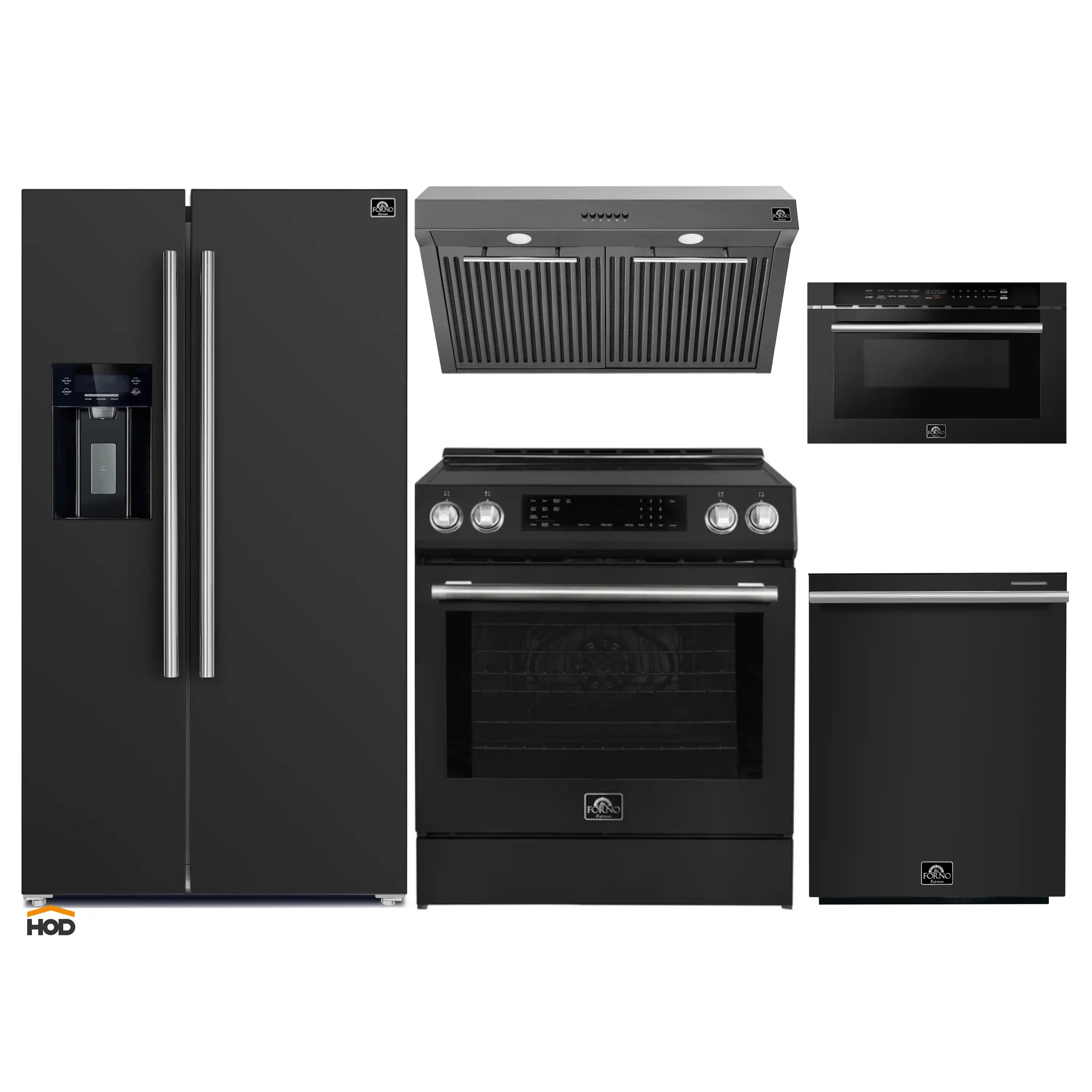 Black appliance package set with refrigerator, range hood, oven, and dishwasher