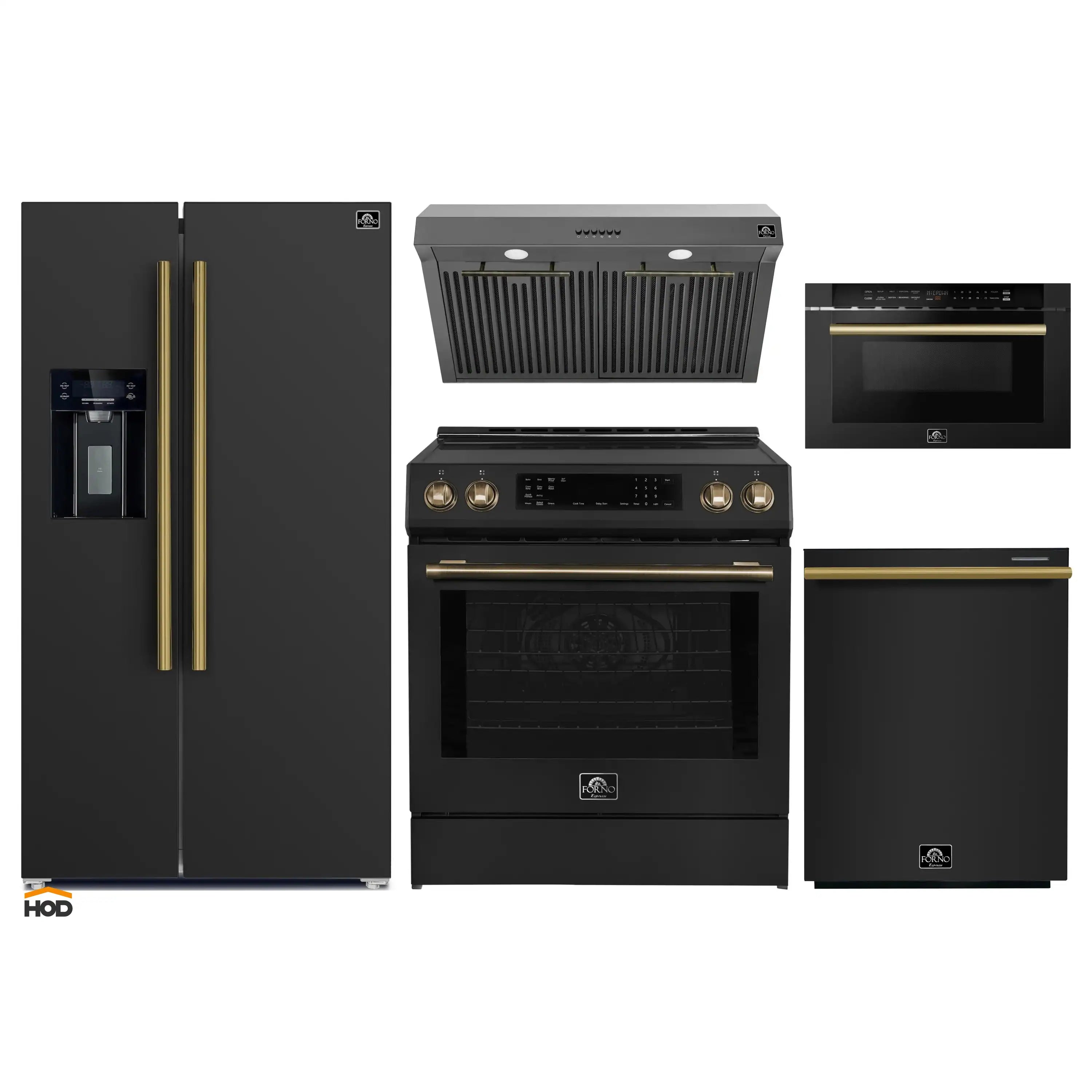 Black kitchen appliance package with induction range, hood, fridge, dishwasher, microwave drawer