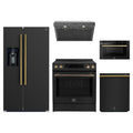 Forno 5-Piece Appliance Package - 30-Inch Induction Range, Under Cabinet Range Hood, Refrigerator with Water Dispenser, Dishwasher, and Microwave Drawer in Black with Antique Brass Trim