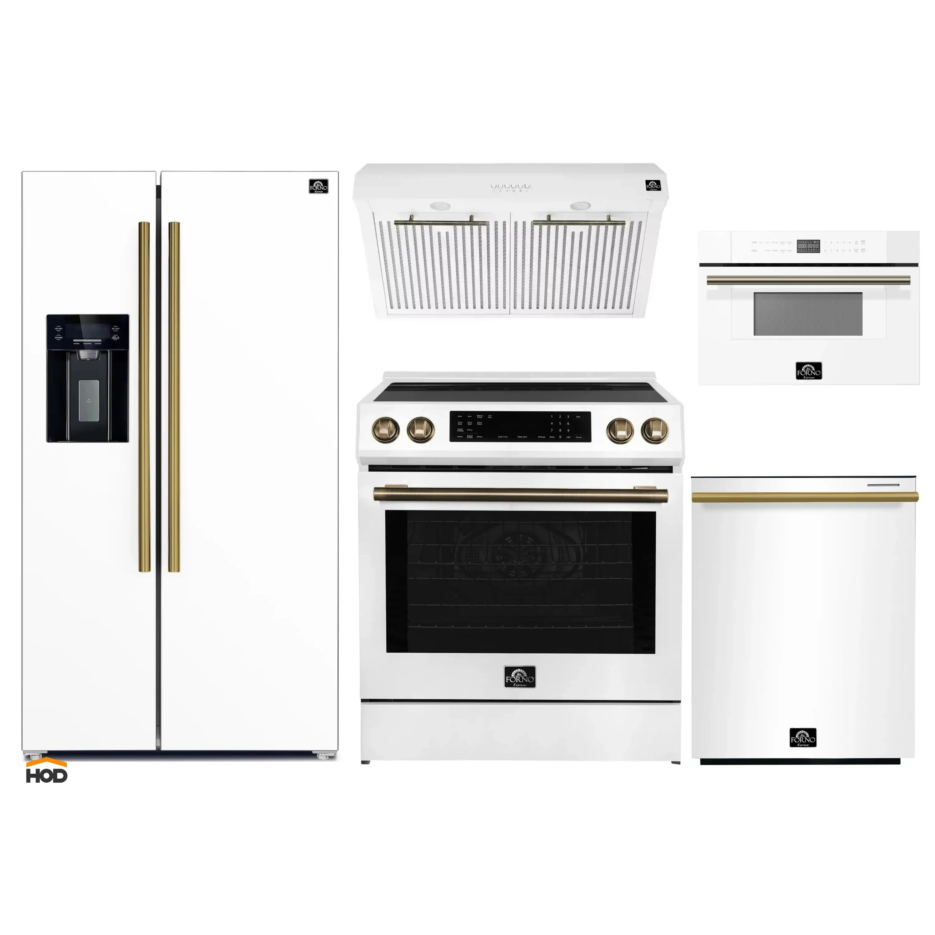 Kitchen appliance bundle with white refrigerator, range, microwave drawer, and dishwasher