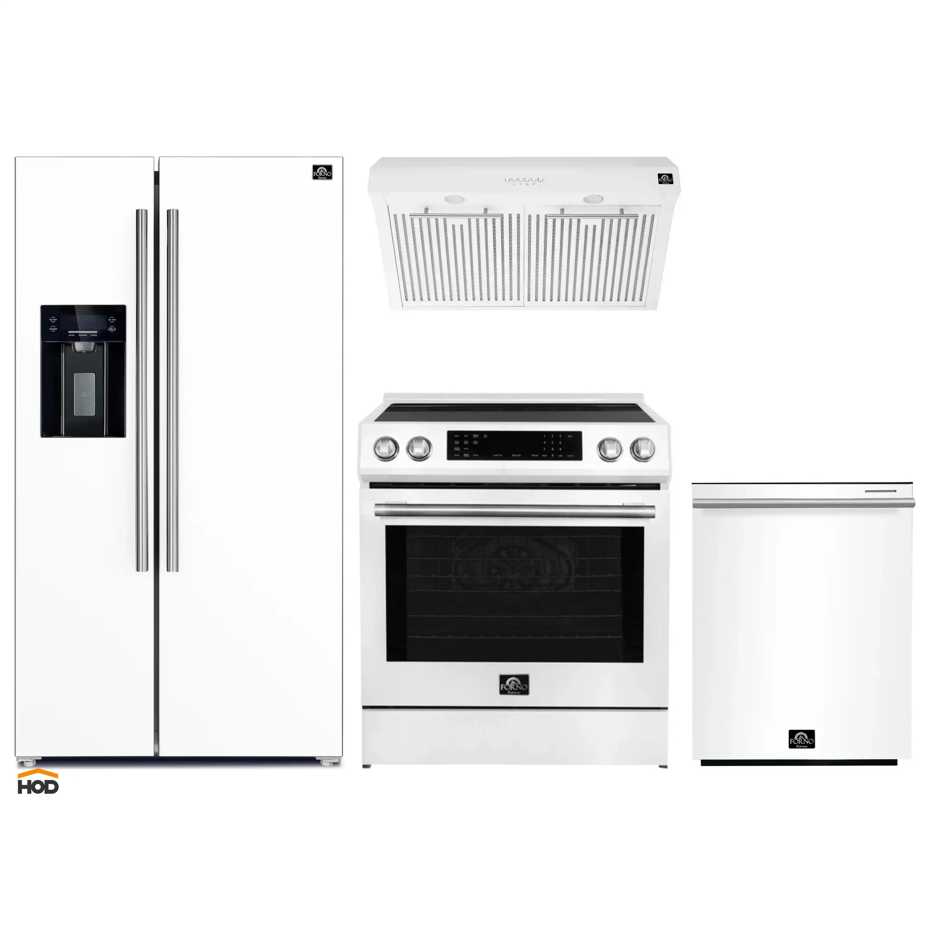 5-piece kitchen appliance package: stainless refrigerator, white range, range hood, microwave