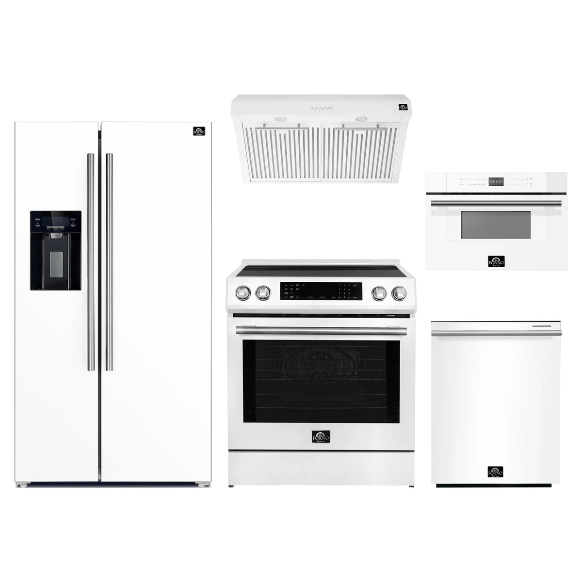 Forno 5-Piece Appliance Package - 30-Inch Induction Range, Under Cabinet Range Hood, Refrigerator with Water Dispenser, Dishwasher, and 30-Inch Microwave Drawer in White with Stainless Steel Trim