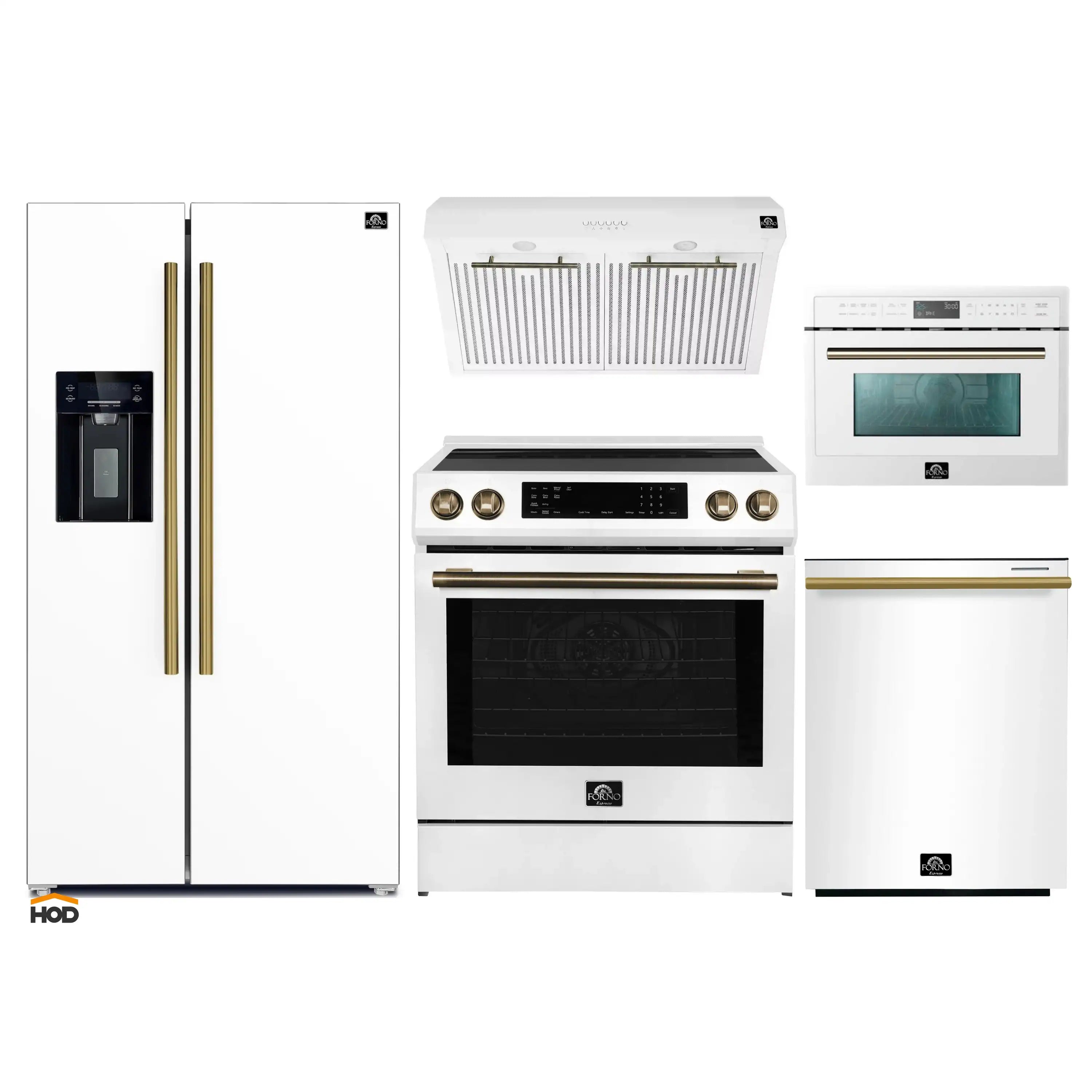 White 5-piece kitchen appliance set with antique brass trim: fridge, range, hood, microwave