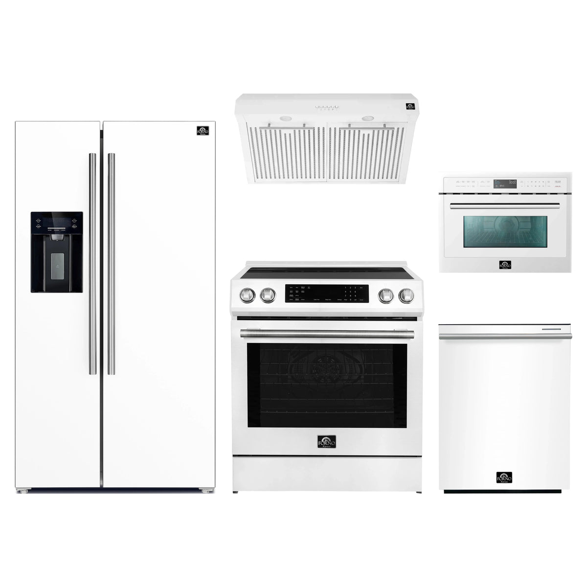 Forno 5-Piece Appliance Package - 30-Inch Induction Range, Under Cabinet Range Hood, Refrigerator with Water Dispenser, Dishwasher, and 24-Inch Microwave Oven in White with Stainless Steel Trim