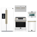 Forno 5-Piece Appliance Package - 30-Inch Induction Range, Under Cabinet Range Hood, Refrigerator with Water Dispenser, Dishwasher, and 24-Inch Microwave Oven in White with Antique Brass Trim