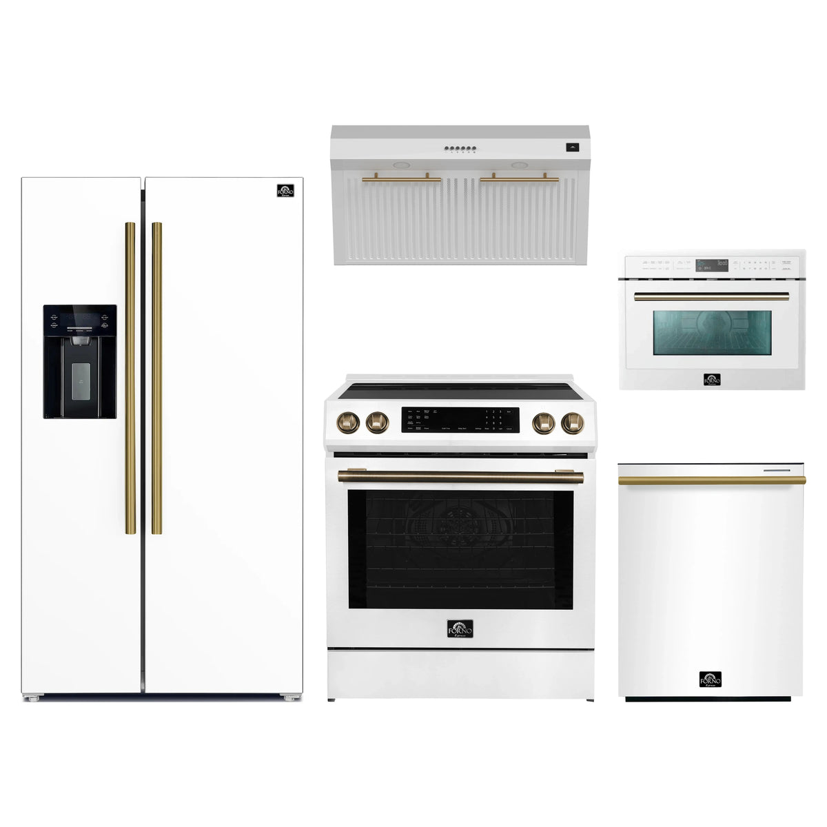 Forno 5-Piece Appliance Package - 30-Inch Induction Range, Under Cabinet Range Hood, Refrigerator with Water Dispenser, Dishwasher, and 24-Inch Microwave Oven in White with Antique Brass Trim